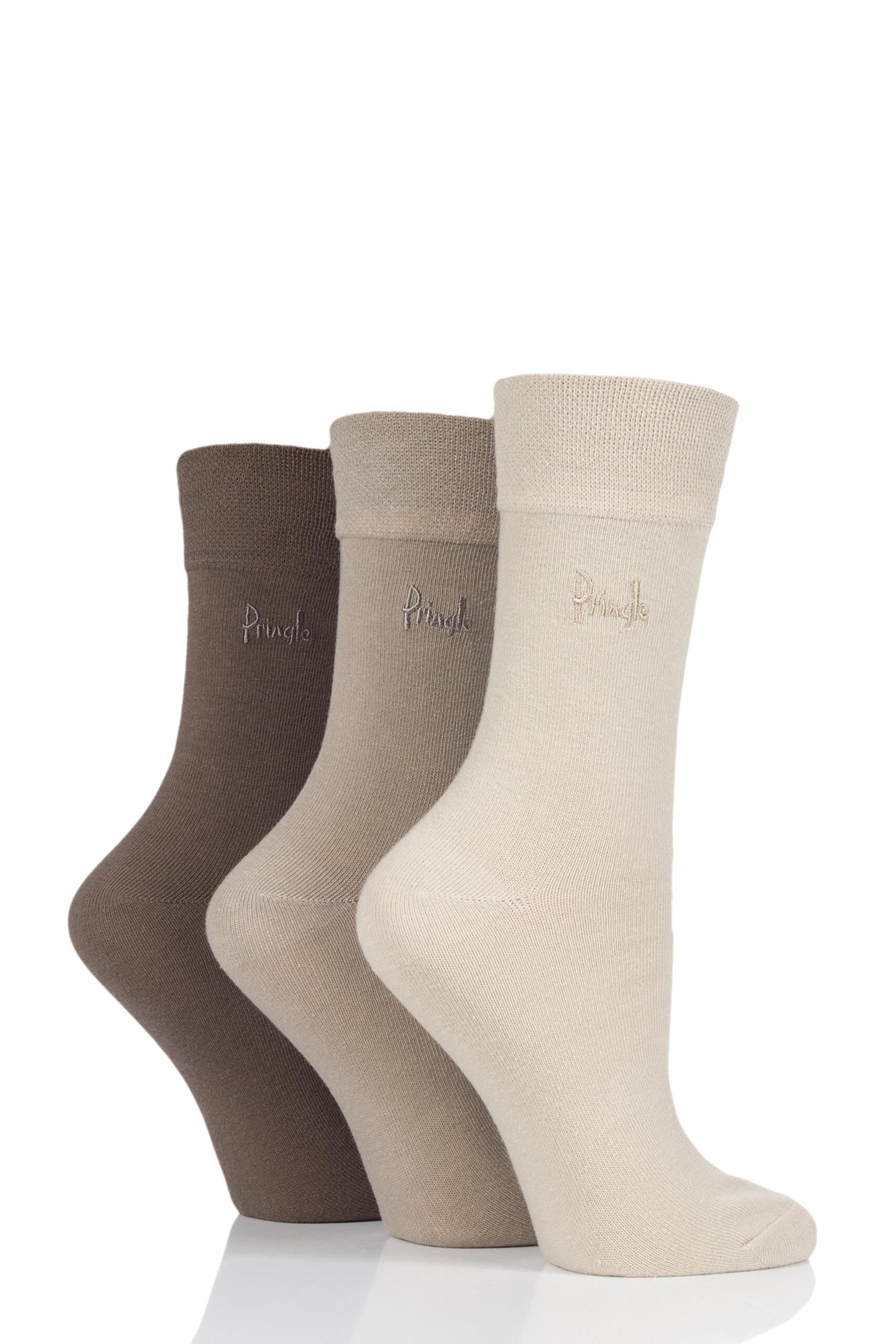Image of 3 Pair Beige Jean Plain Comfort Cuff Cotton Socks Ladies 4-8 Ladies - Pringle