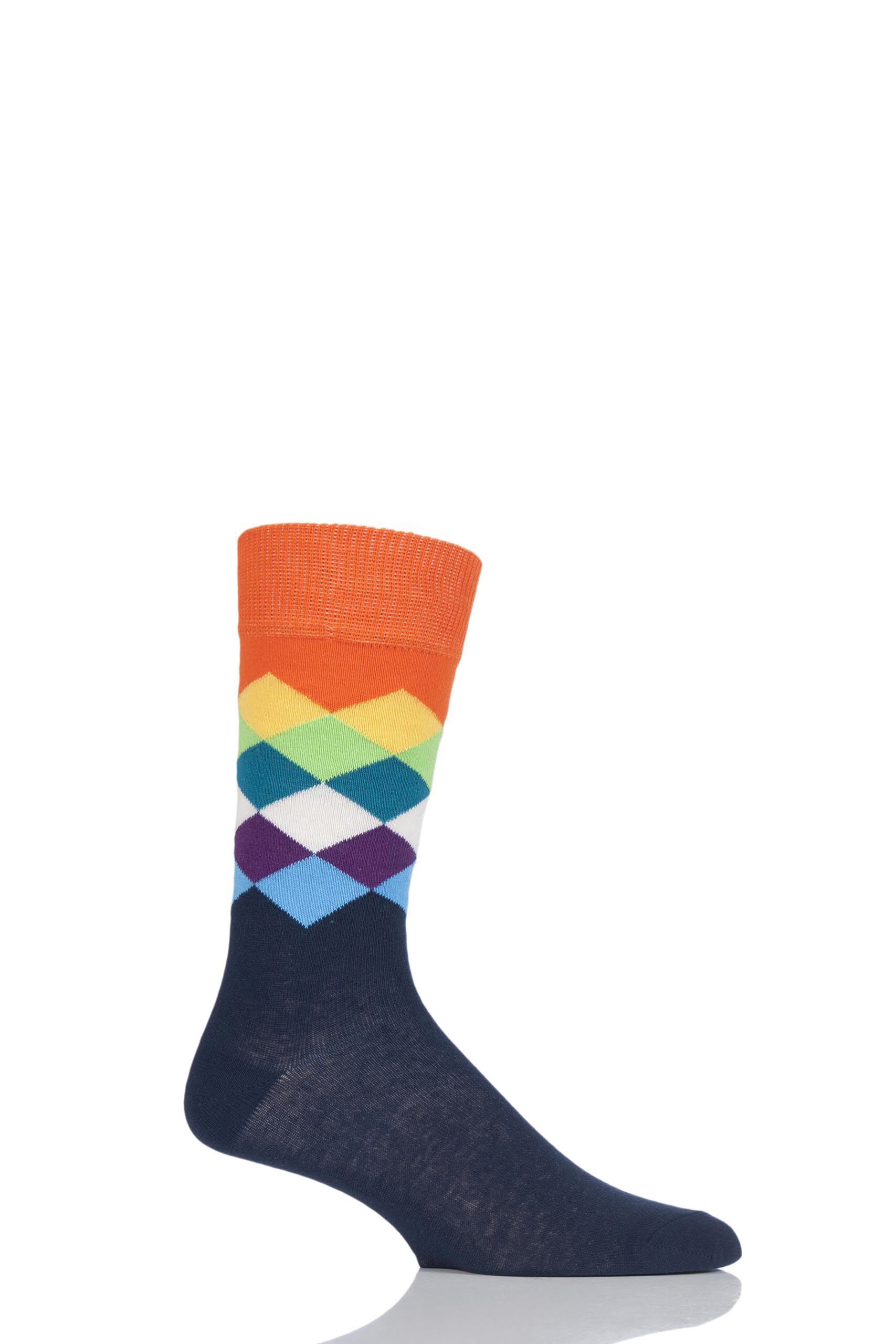 Image of 1 Pair Navy 2 Faded Diamond Combed Cotton Socks Unisex 7.5-11.5 Unisex - Happy Socks