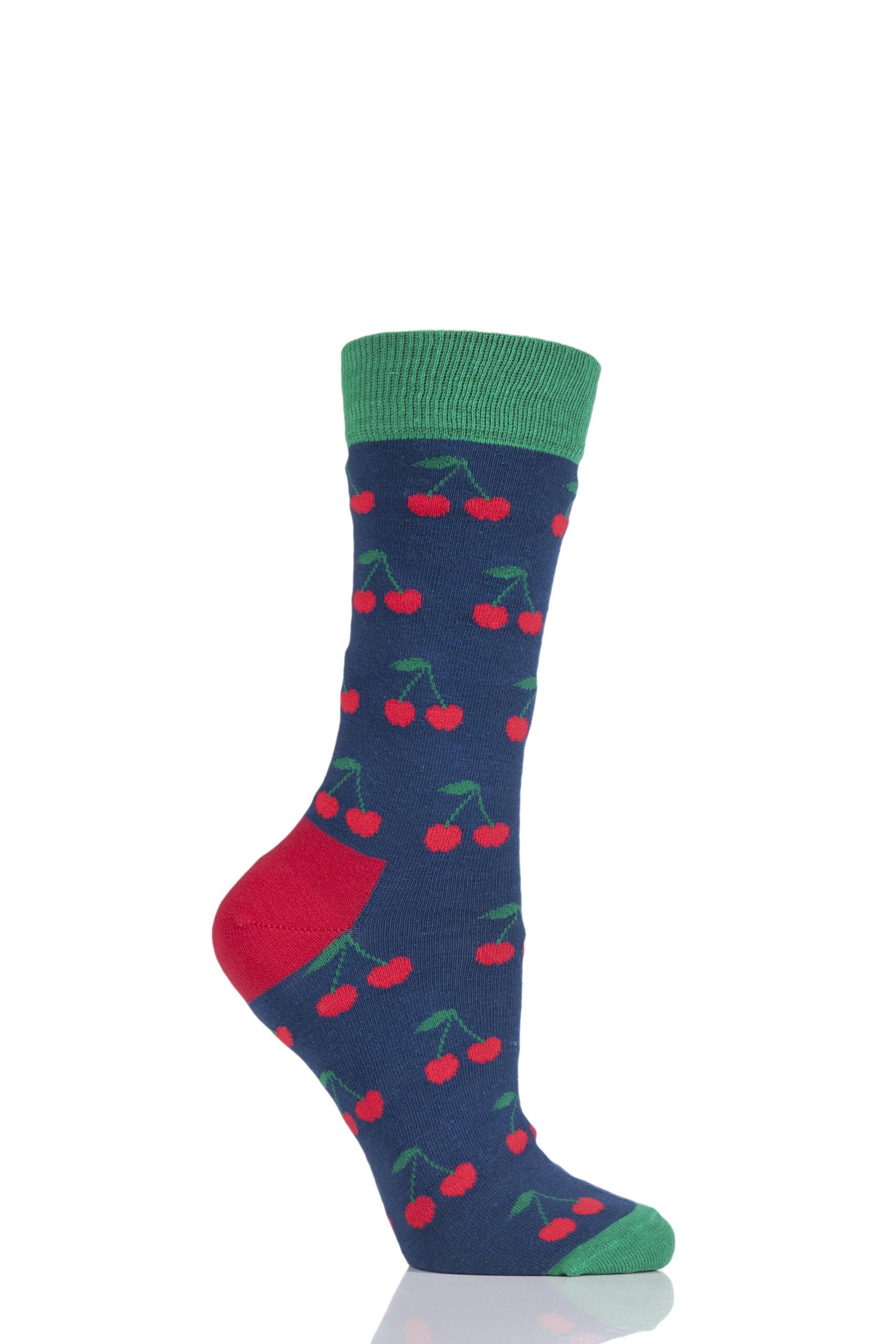 Image of 1 Pair Navy Fruit Design Socks - Cherry Ladies 3-6.5 Ladies - Moustard