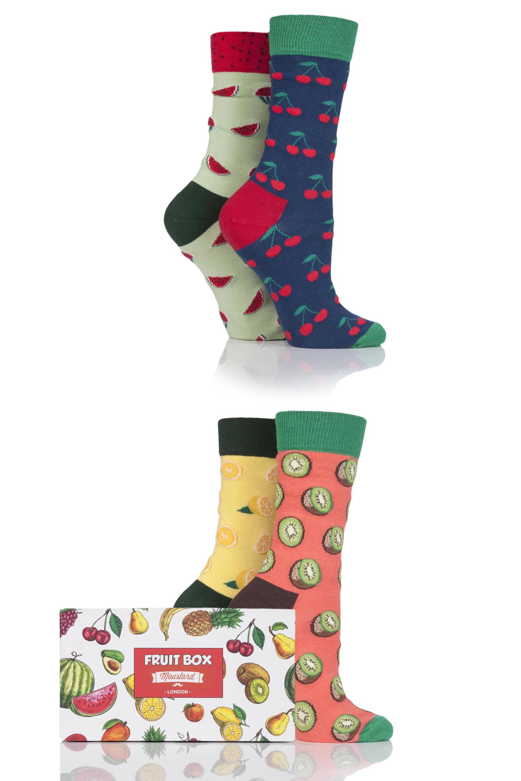 Image of 4 Pair Assorted Fruit Design Socks In Gift Box Ladies 3-6.5 Ladies - Moustard
