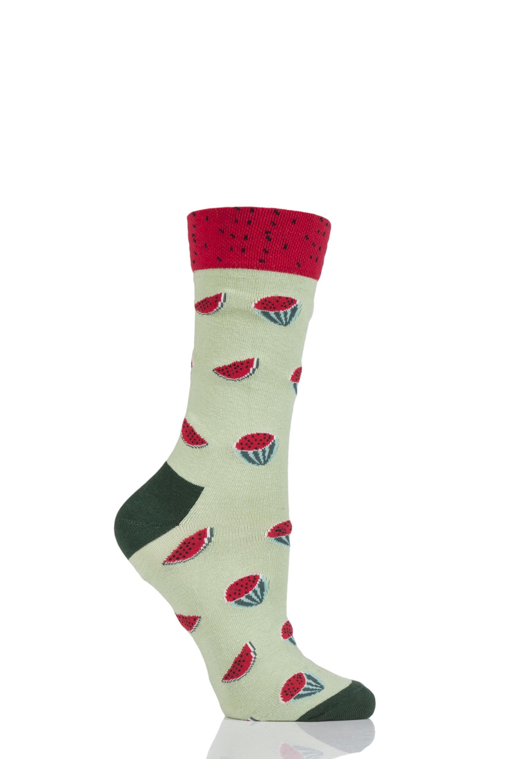 Image of 1 Pair Green Fruit Design Socks - Watermelon Ladies 3-6.5 Ladies - Moustard