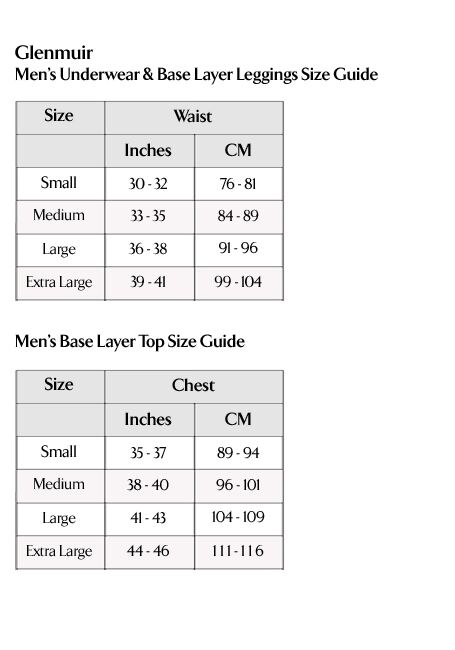 Glenmuir Men's Underwear Base Layer Size Guide Glenmuir Men's Underwear Base Layer Size Guide