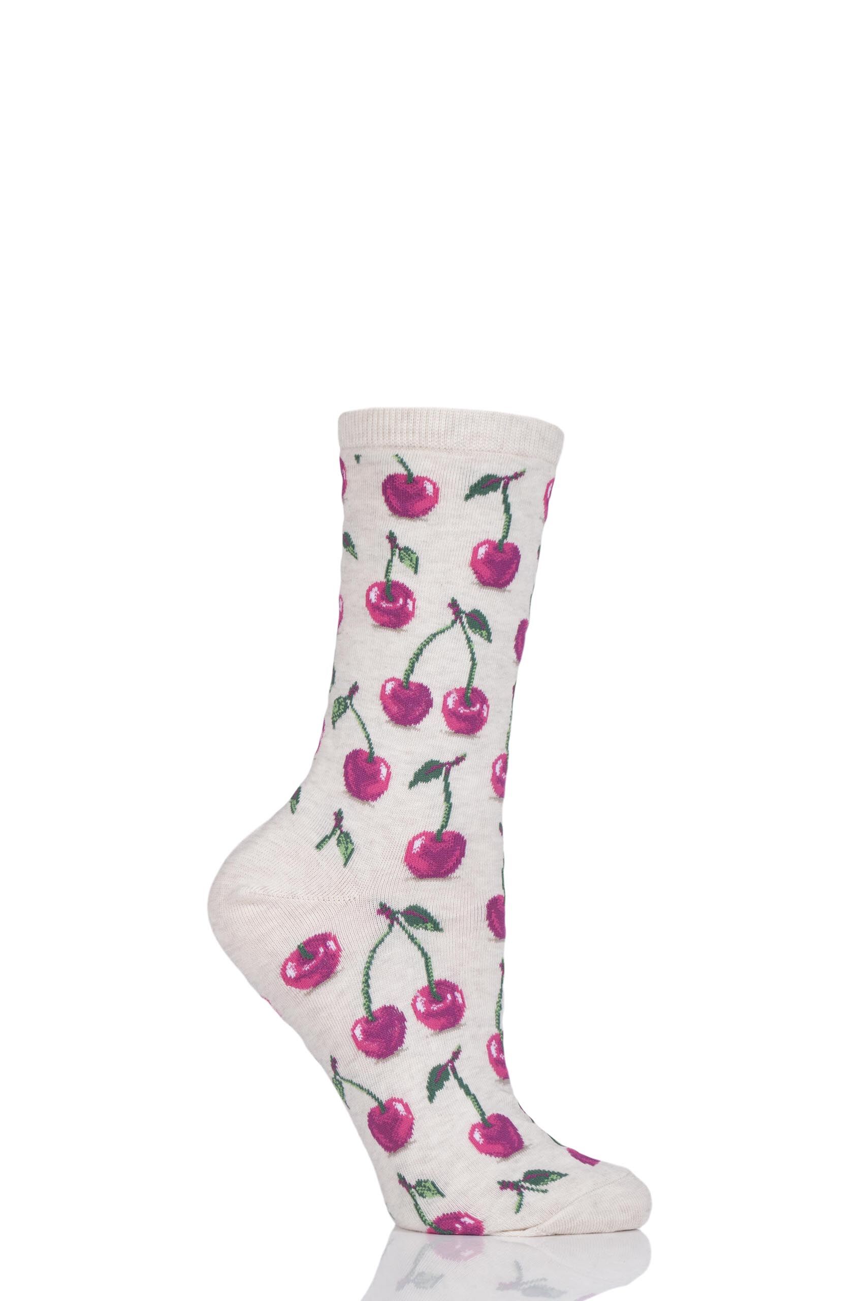 Image of 1 Pair Cream HotSox Cherries Cotton Socks Ladies 4-9 Ladies - Hot Sox