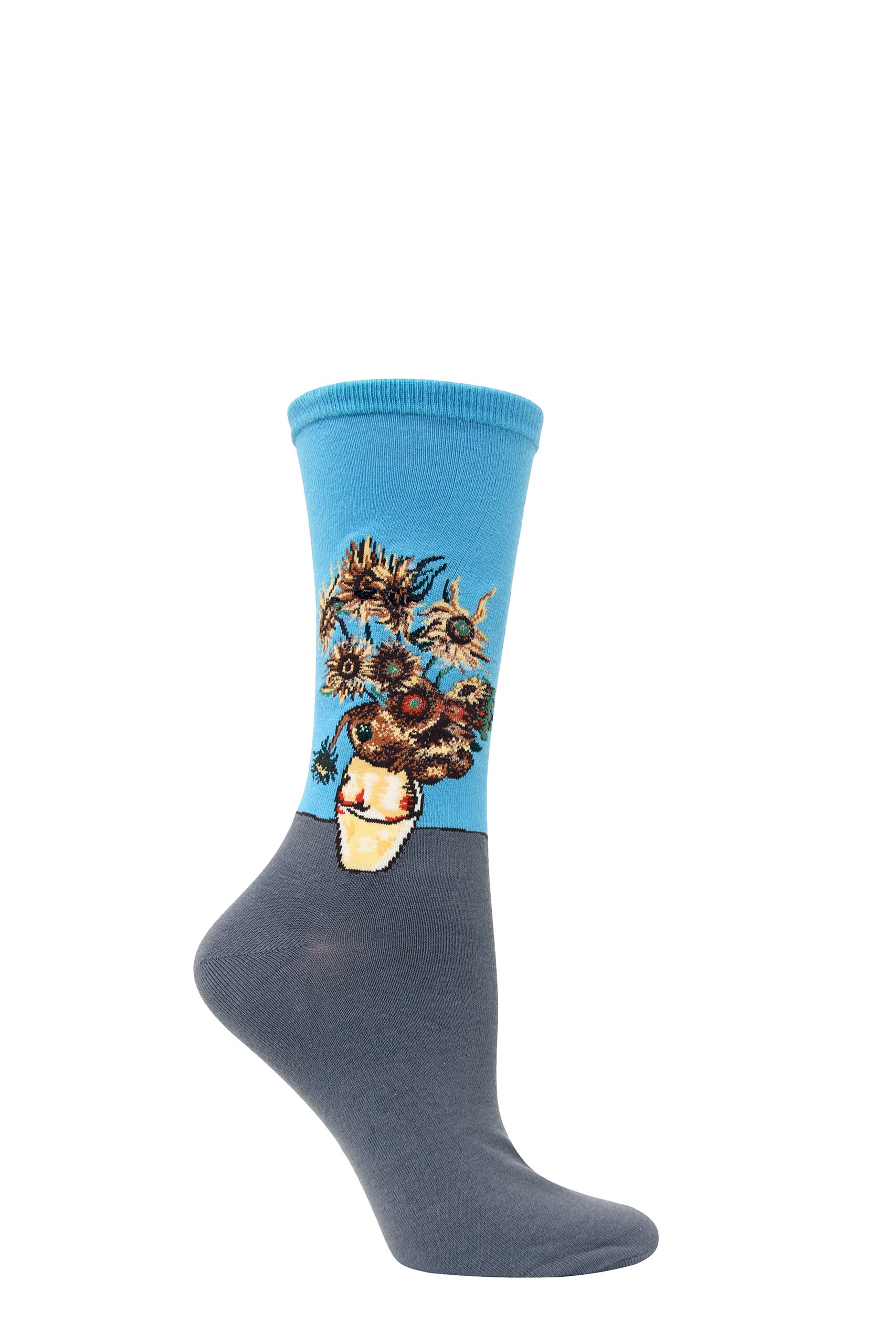 Image of 1 Pair Washed Blue HotSox Artist Collection Sunflowers Cotton Socks Ladies 4-9 Ladies - Hot Sox