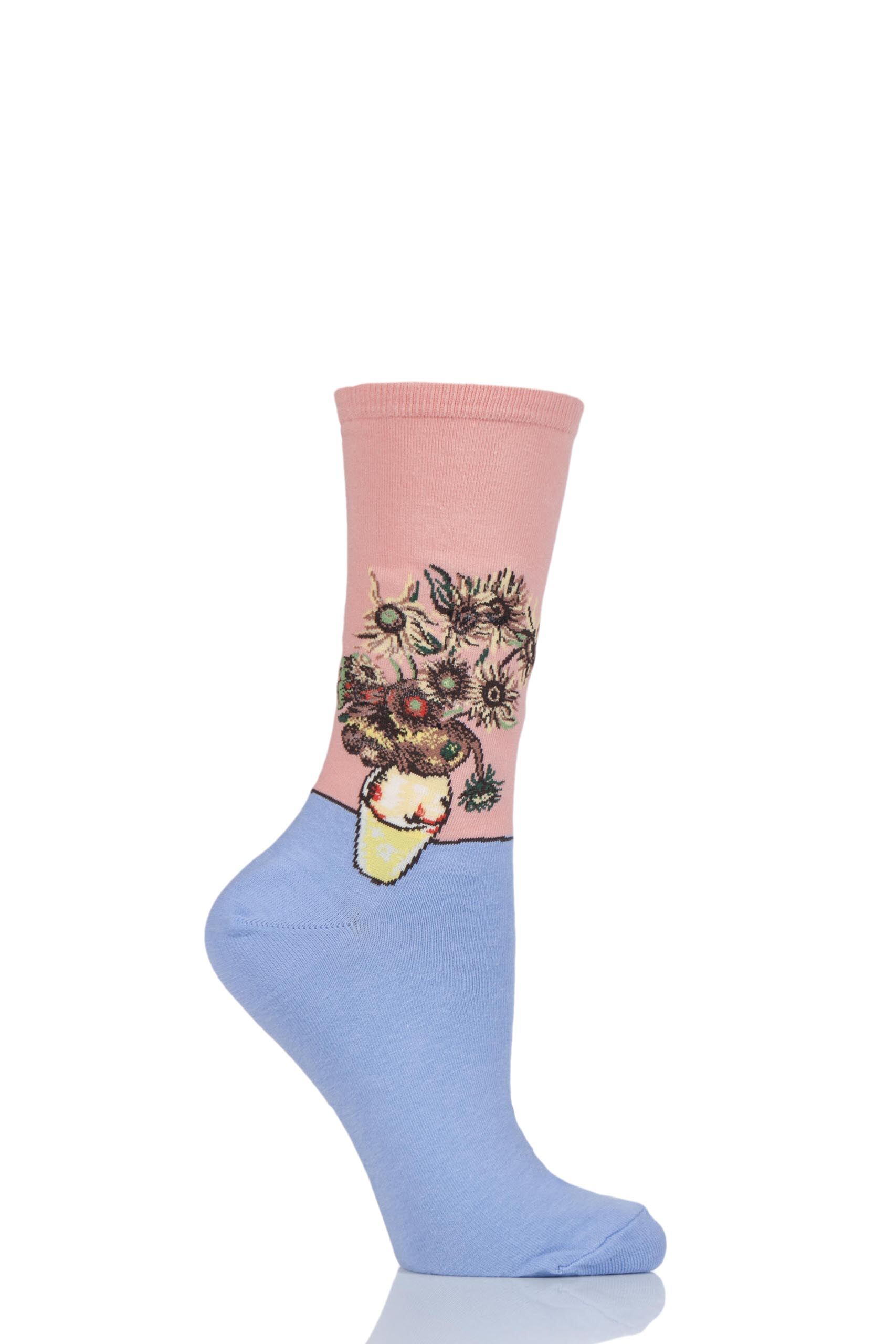 Image of 1 Pair Peach HotSox Artist Collection Sunflowers Cotton Socks Ladies 4-9 Ladies - Hot Sox