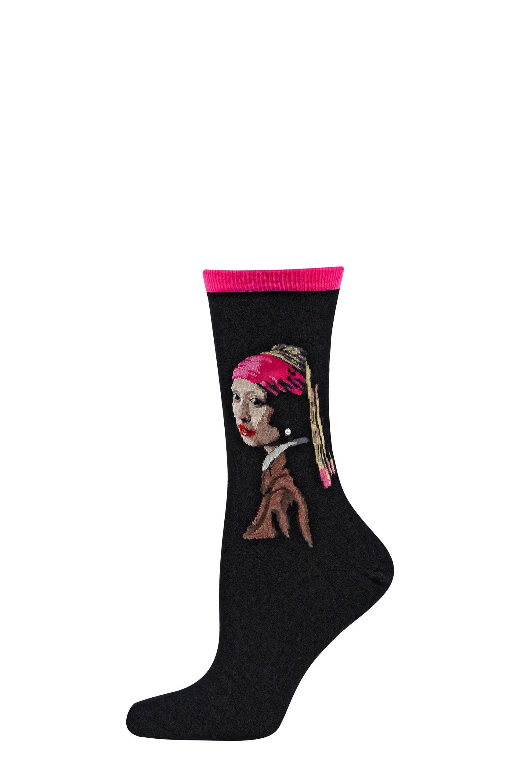 Image of 1 Pair Black HotSox Artist Collection Girl with the Pearl Earing Cotton Socks Ladies 4-8 Ladies - Hot Sox