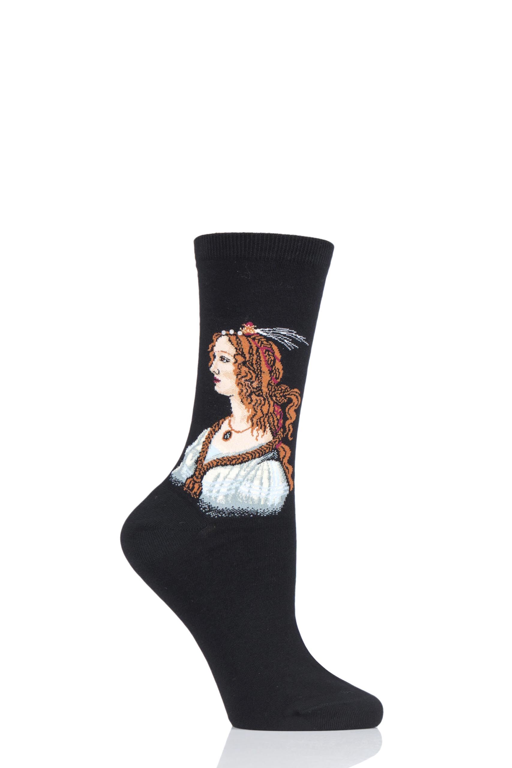 Image of 1 Pair Black HotSox Artist Collection Portrait of a Young Woman - Botticelli Cotton Socks Ladies 4-9 Ladies - Hot Sox