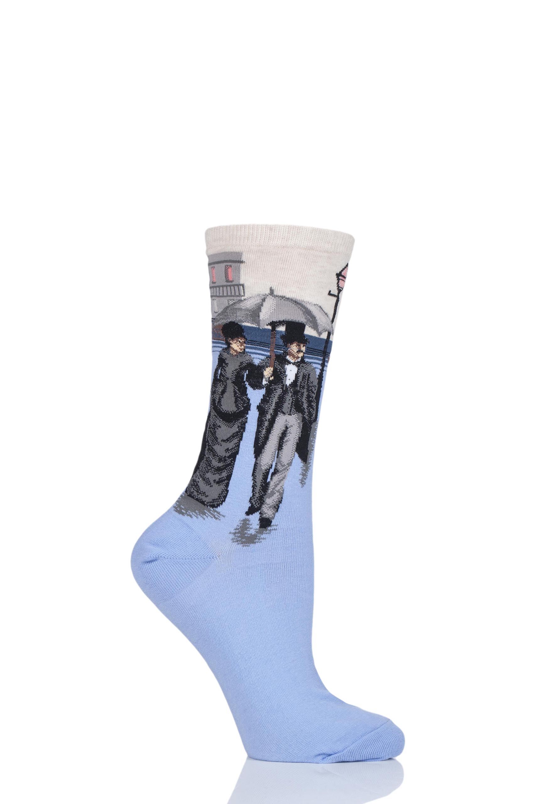 Image of 1 Pair Natural HotSox Artist Collection Paris Street. A Rainy Day Cotton Socks Ladies 4-8 Ladies - Hot Sox