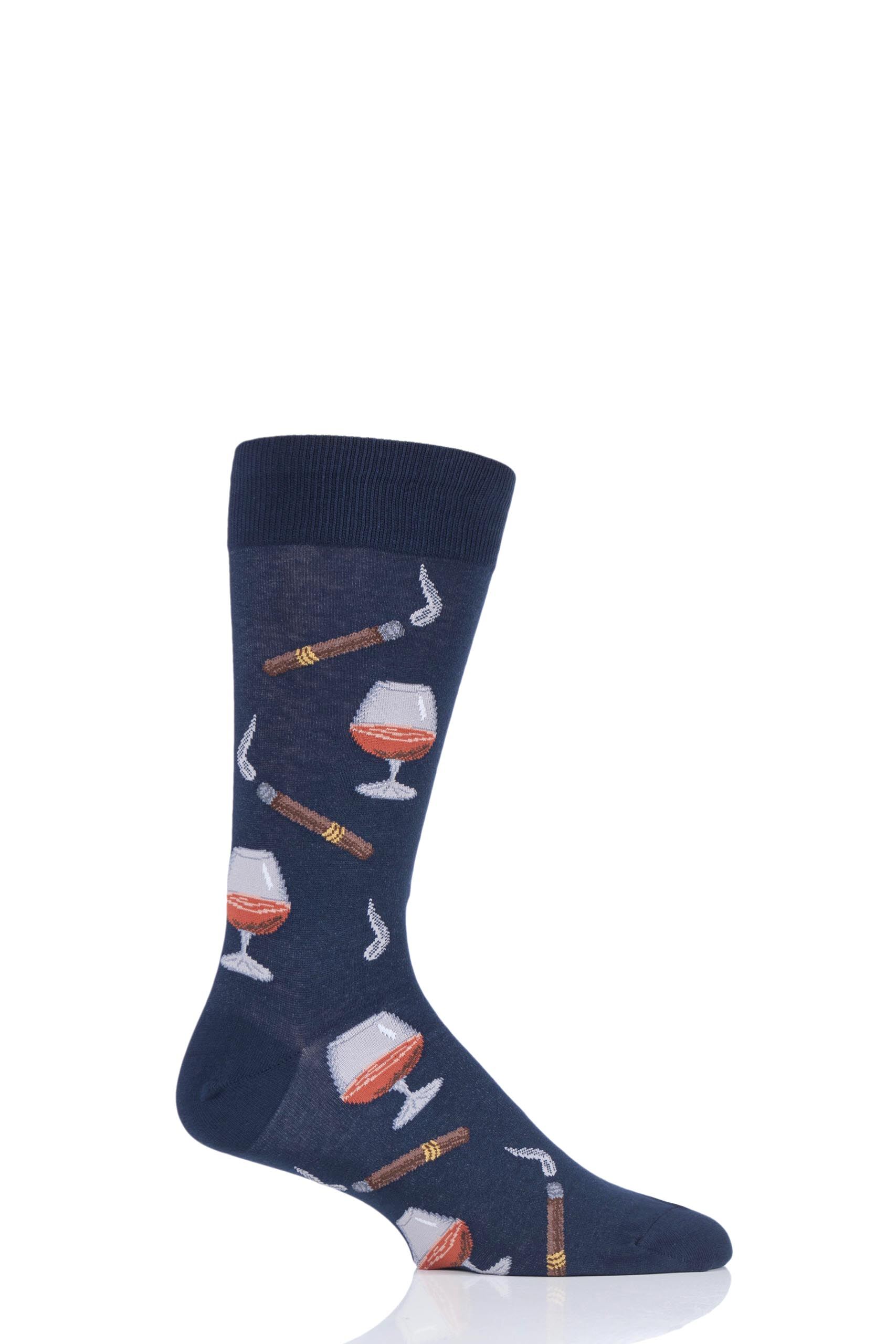 Image of 1 Pair Navy HotSox All Over Drink and Cigar Cotton Socks Men's 8-12 Mens - Hot Sox