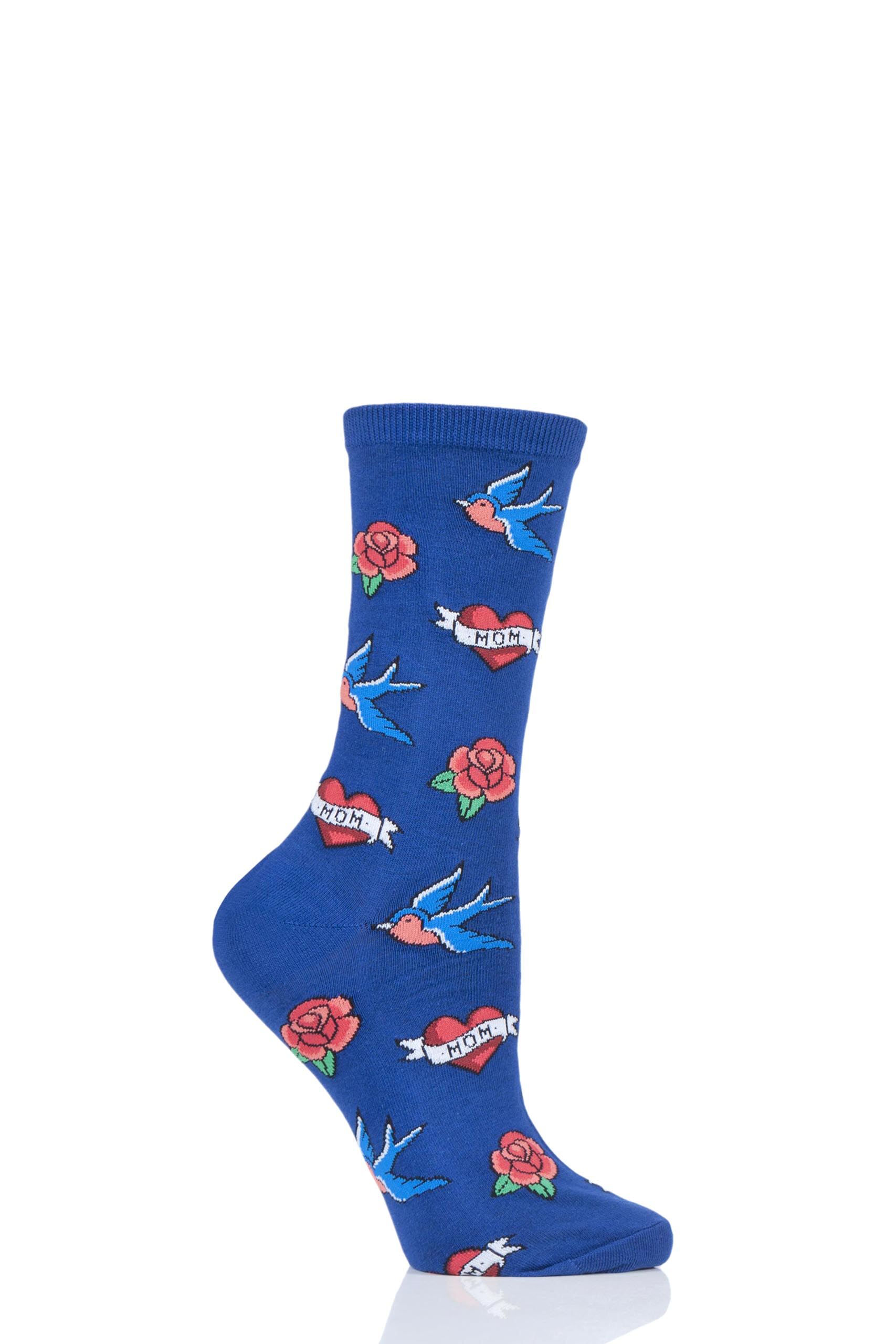 Image of 1 Pair Blue HotSox Old School Tattoo Mom Cotton Socks Ladies 4-9 Ladies - Hot Sox