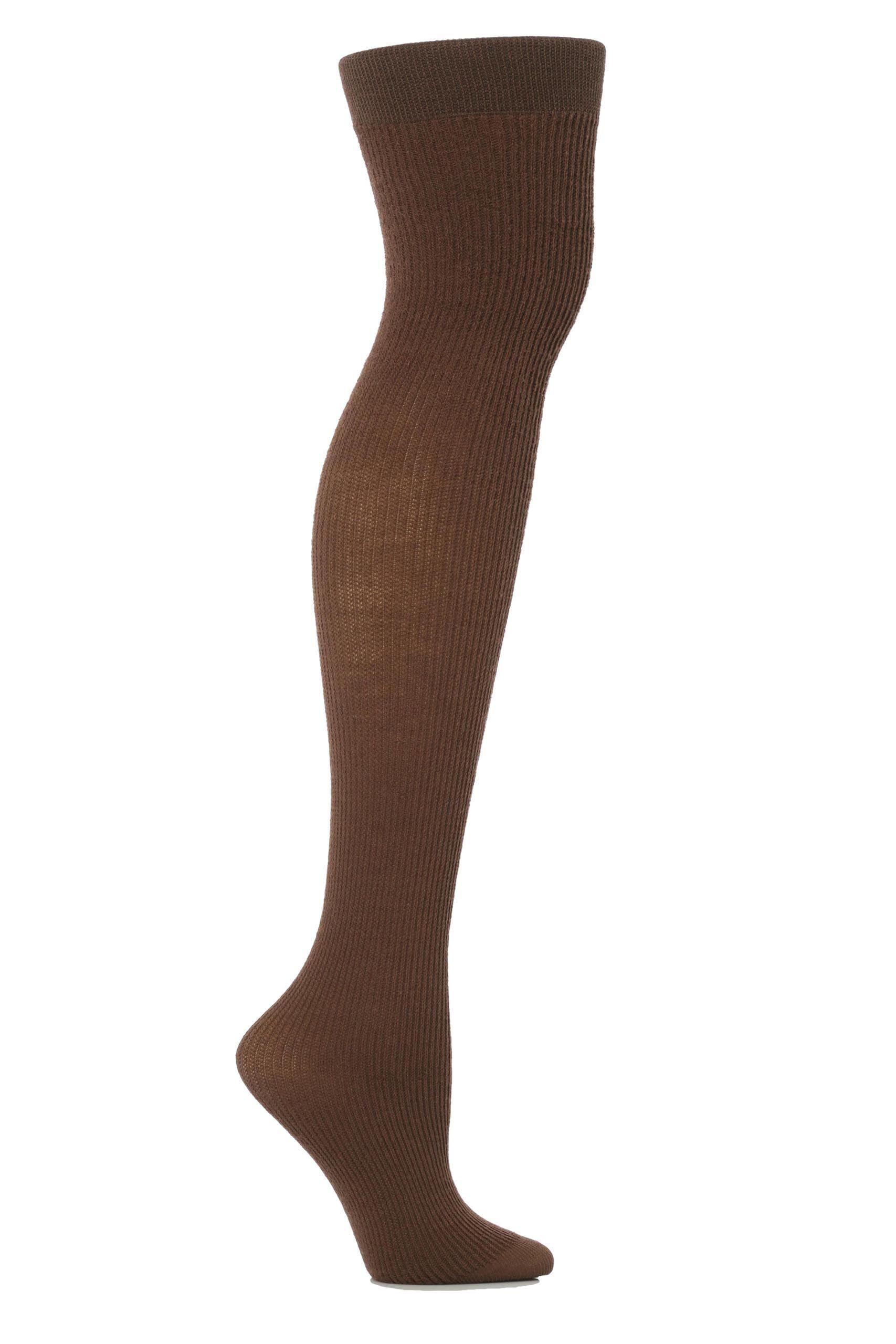 Image of 1 Pair Dark Brown Dora Ribbed Wool Over The Knee Socks Ladies One Size - Trasparenze