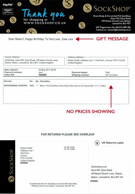Order paperwork with a gift message & no prices