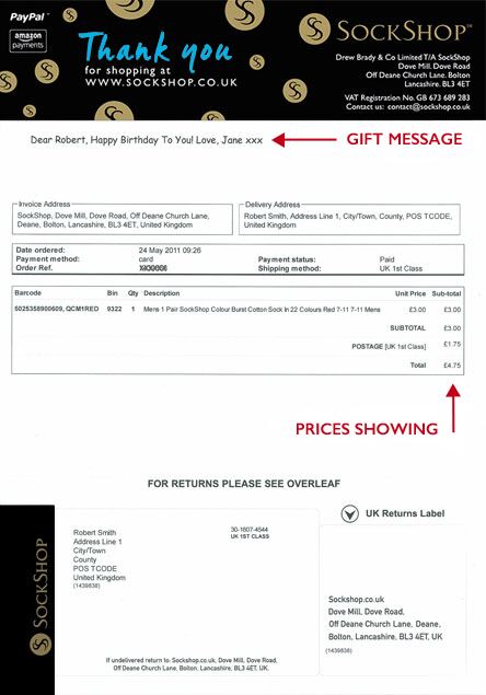 Order paperwork with a gift message & prices