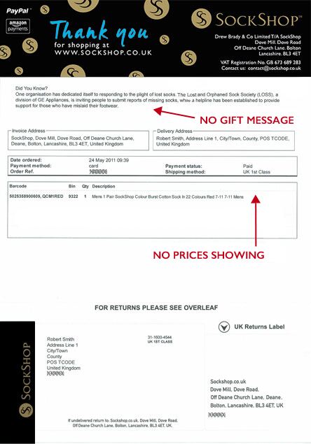 Order paperwork with no gift message & no prices showing