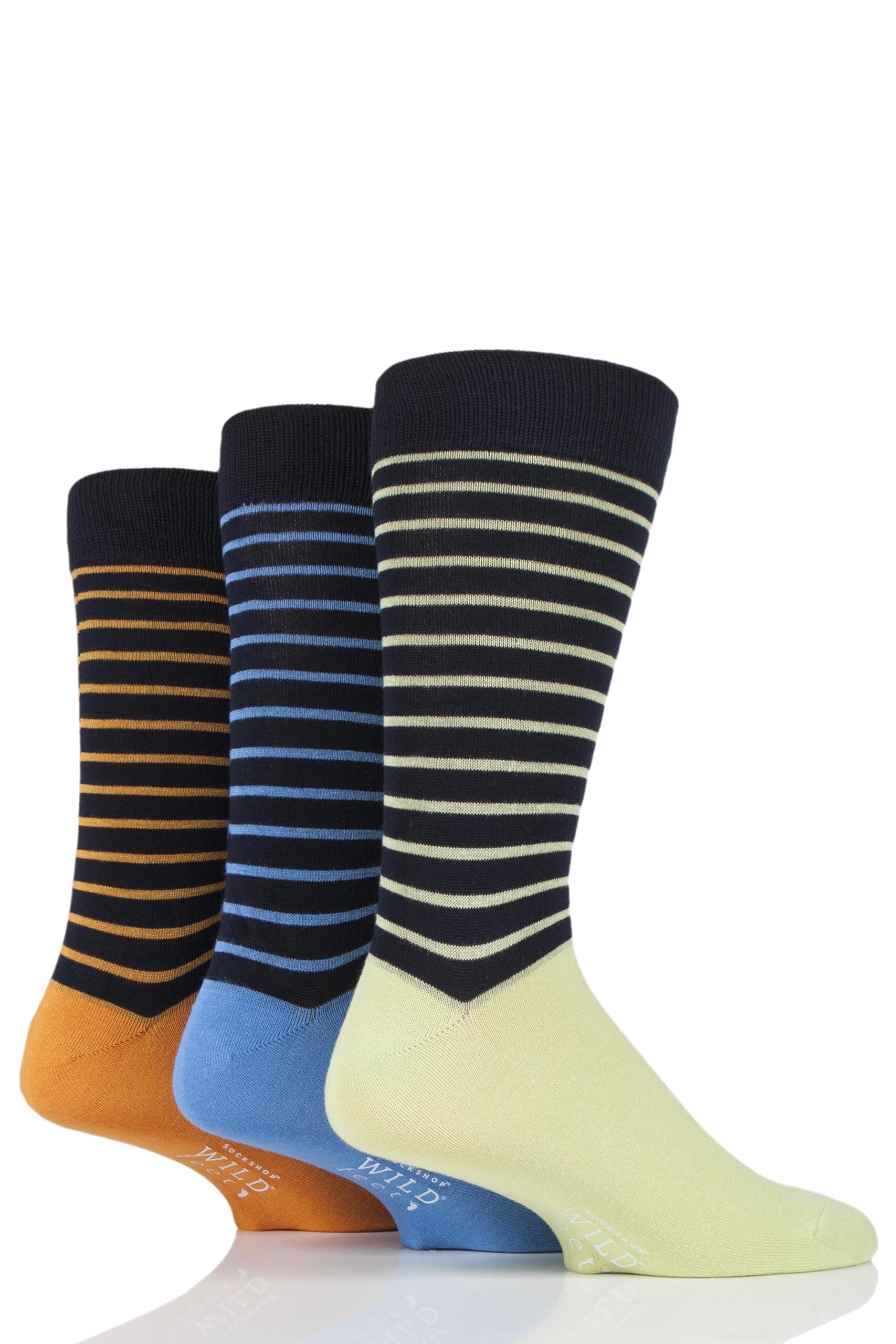 Image of Mens 3 Pair SOCKSHOP Wild Feet Bamboo Striped Socks Navy 7-11 Mens