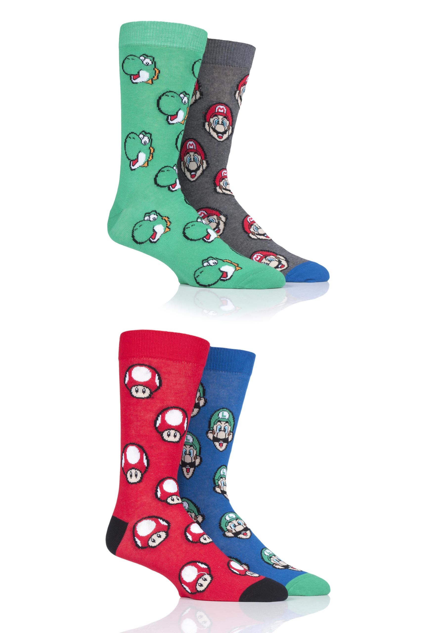 Image of 4 Pair Assorted Mario Yoshi Toad and Luigi Cotton Socks Unisex 12-14 Mens - Film & TV Characters