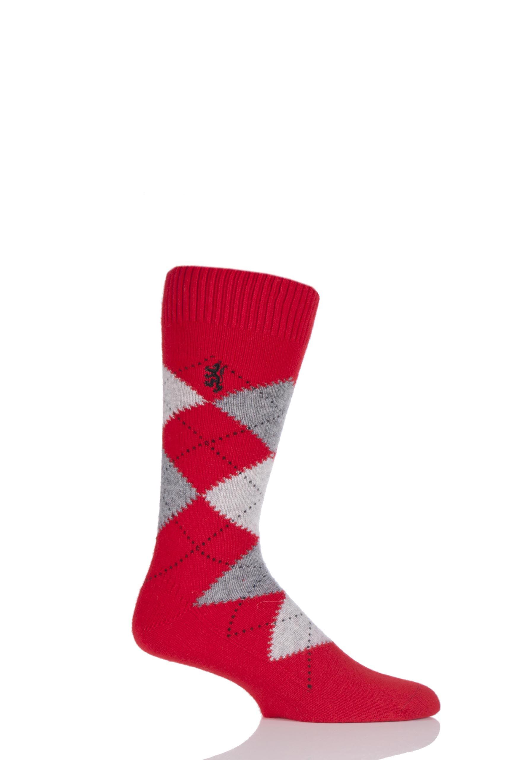 Image of 1 Pair Red 85% Cashmere Argyle Socks Men's 9-11 Mens - Pringle of Scotland