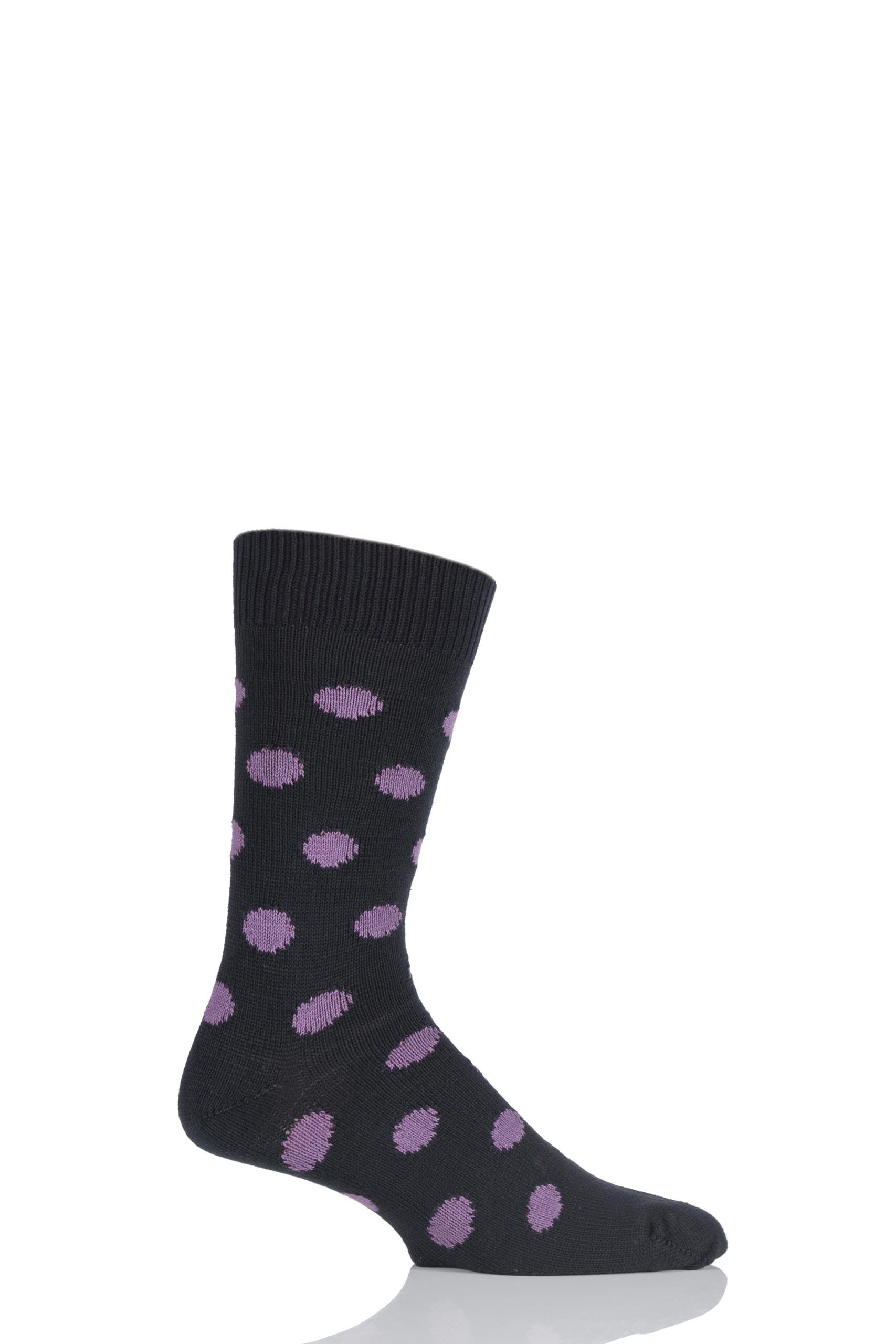 Image of 1 Pair Black / Plum 6 Gauge Cotton Spot Design Socks Men's 7-11 Mens - Pringle of Scotland