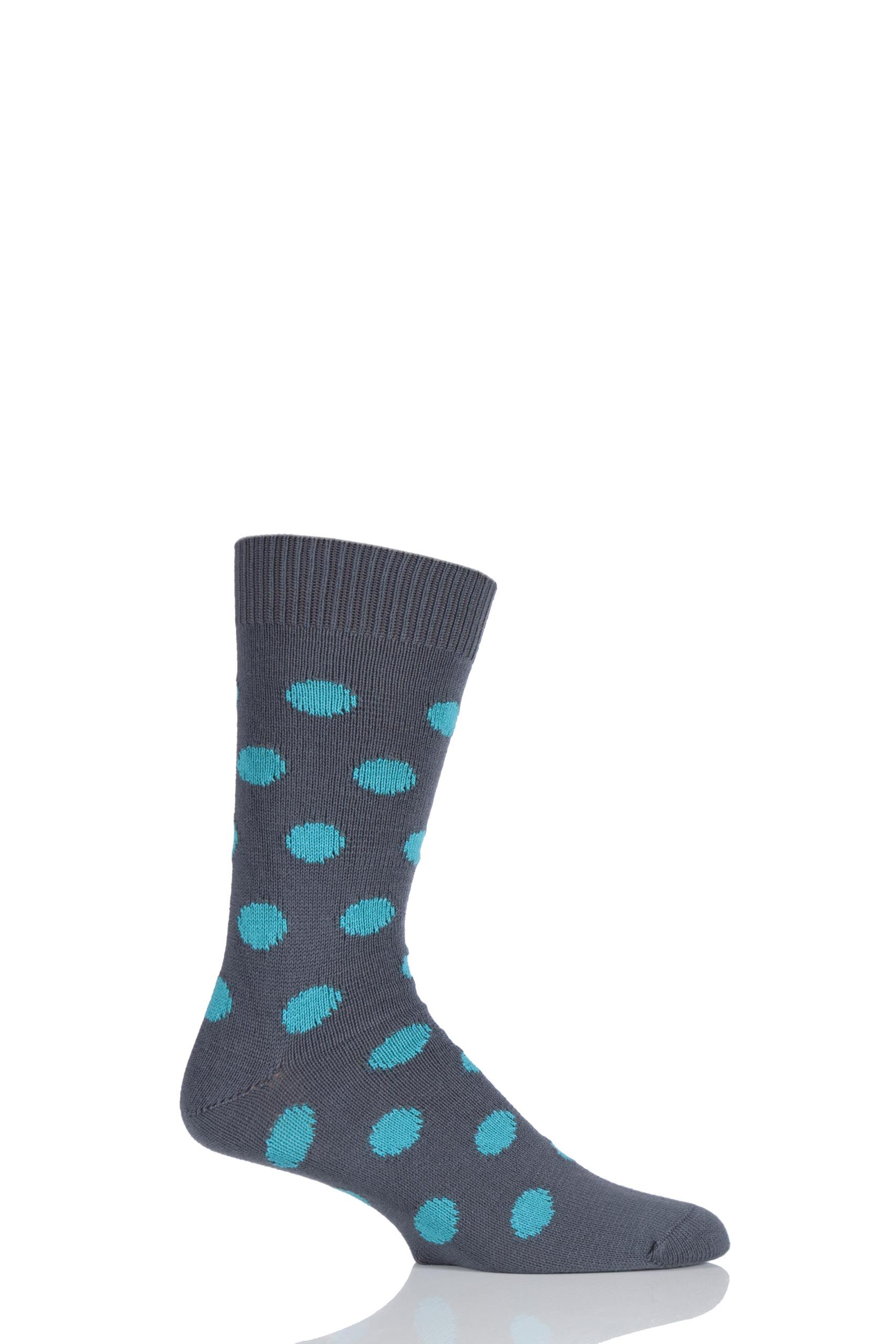 Image of 1 Pair Slate / Peacock 6 Gauge Cotton Spot Design Socks Men's 7-11 Mens - Pringle of Scotland