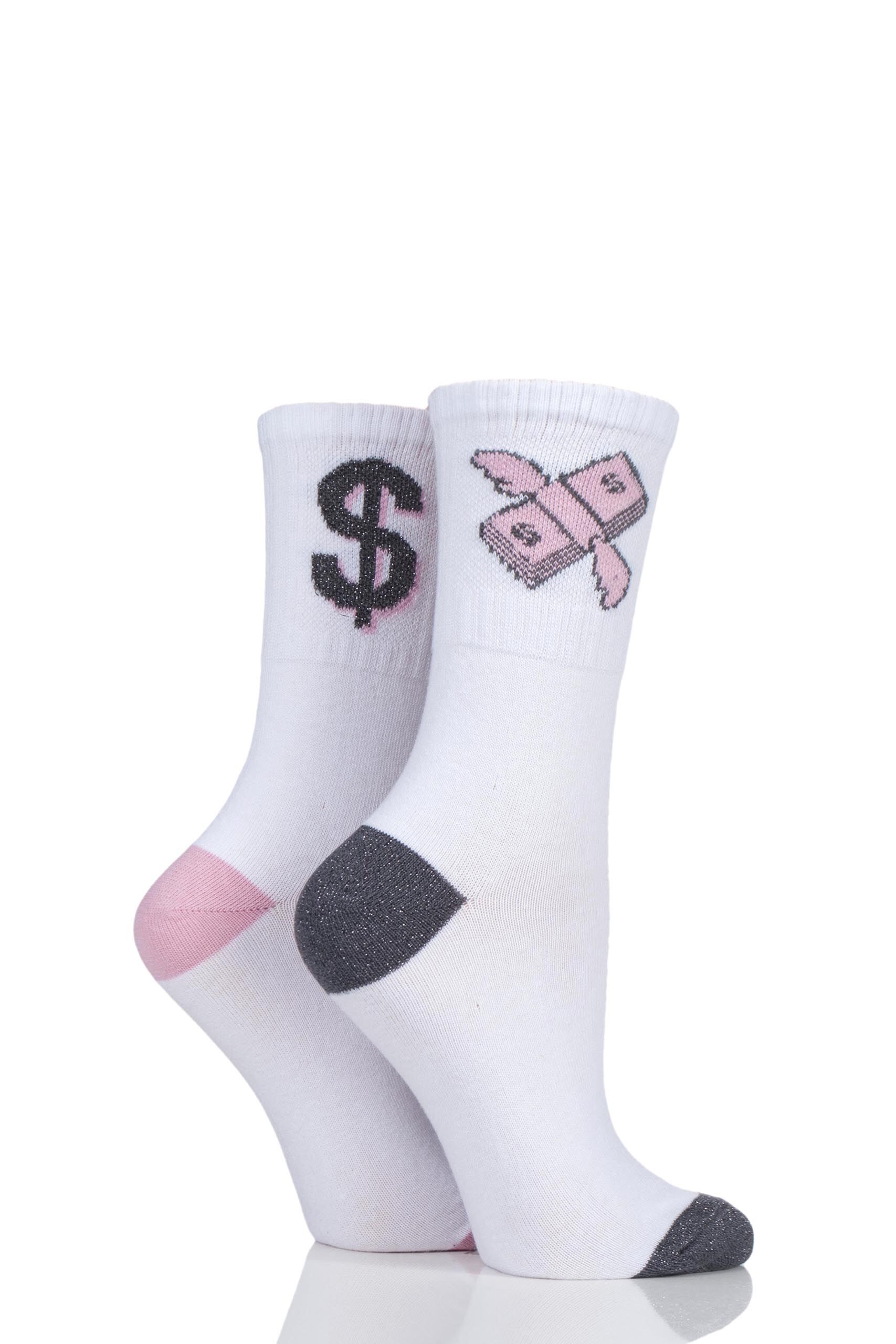 Image of 2 Pair White Money Half Rib Sports Crew Socks Ladies 4-8 Ladies - Missguided