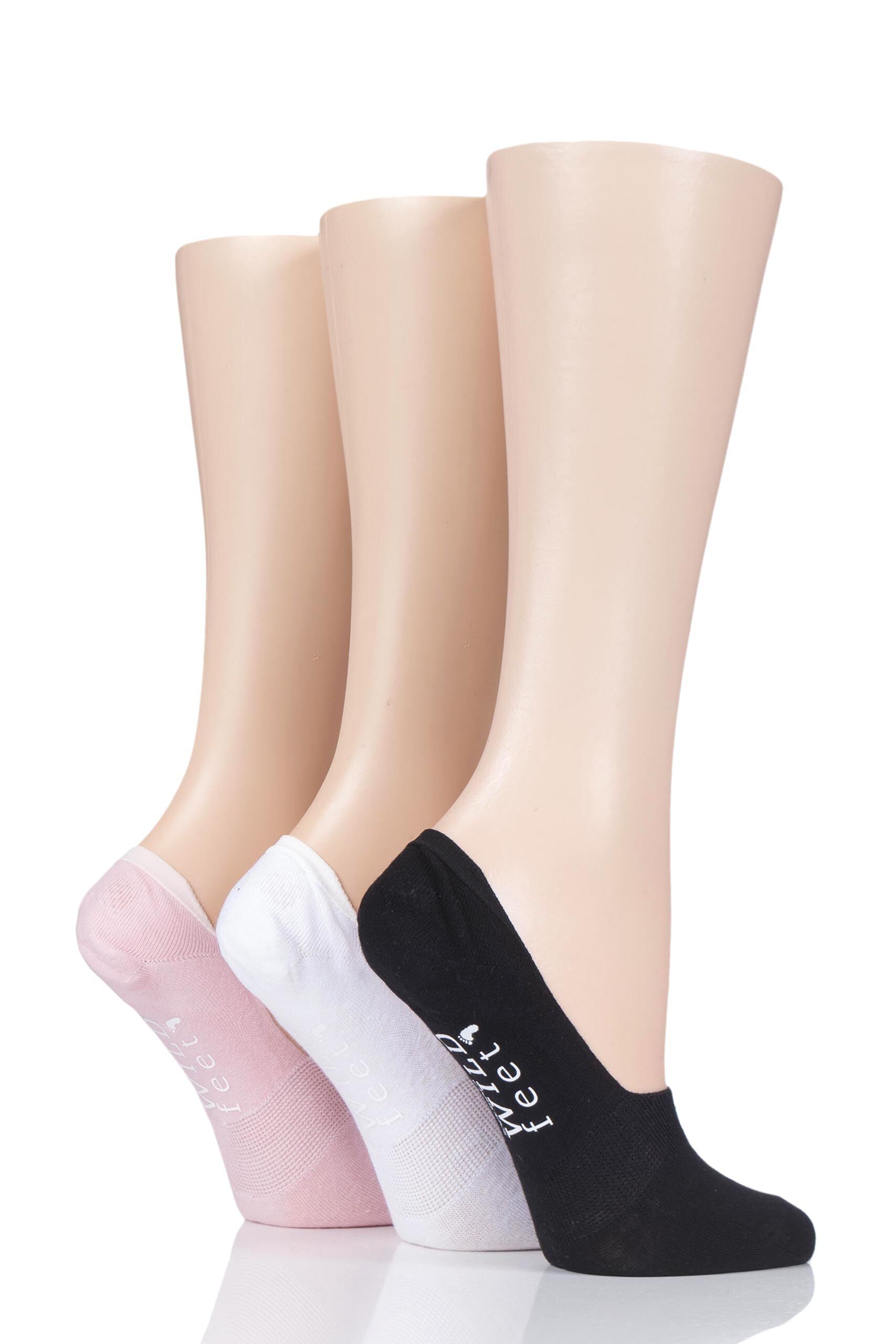 Image of Ladies 3 Pair SOCKSHOP Wild Feet Plain Cotton Loafer Ped Socks Black / Pink 4-8 Ladies