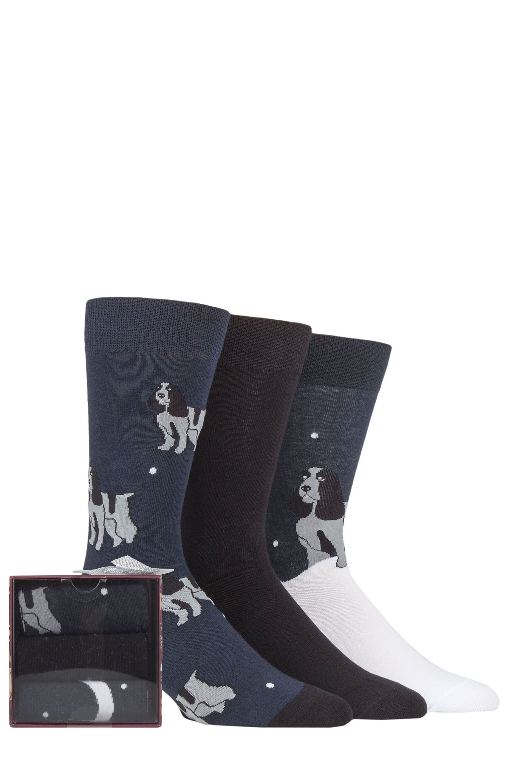 Image of Mens 3 Pair SOCKSHOP Wild Feet Dogs Gift Boxed Socks Spaniel 7-11 Mens