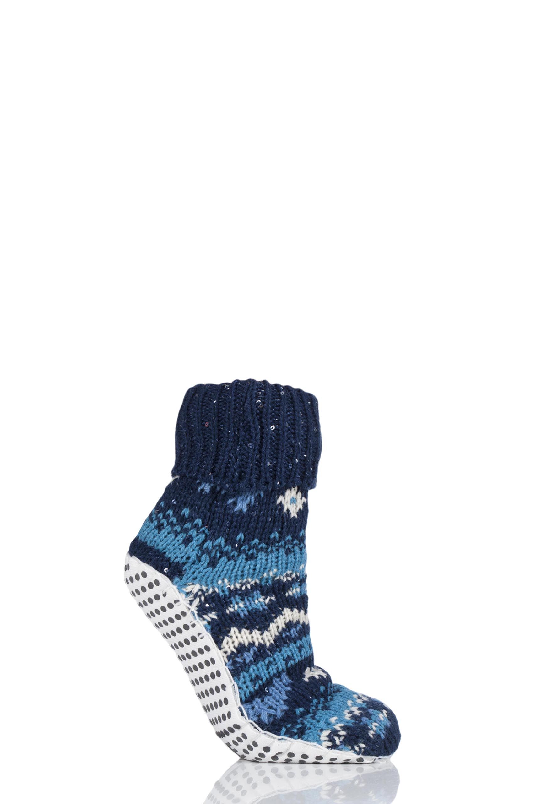 Image of 1 Pair Midnight Chunky Fair Isle Moccasin Grip Socks Ladies 4-8 Ladies - Elle