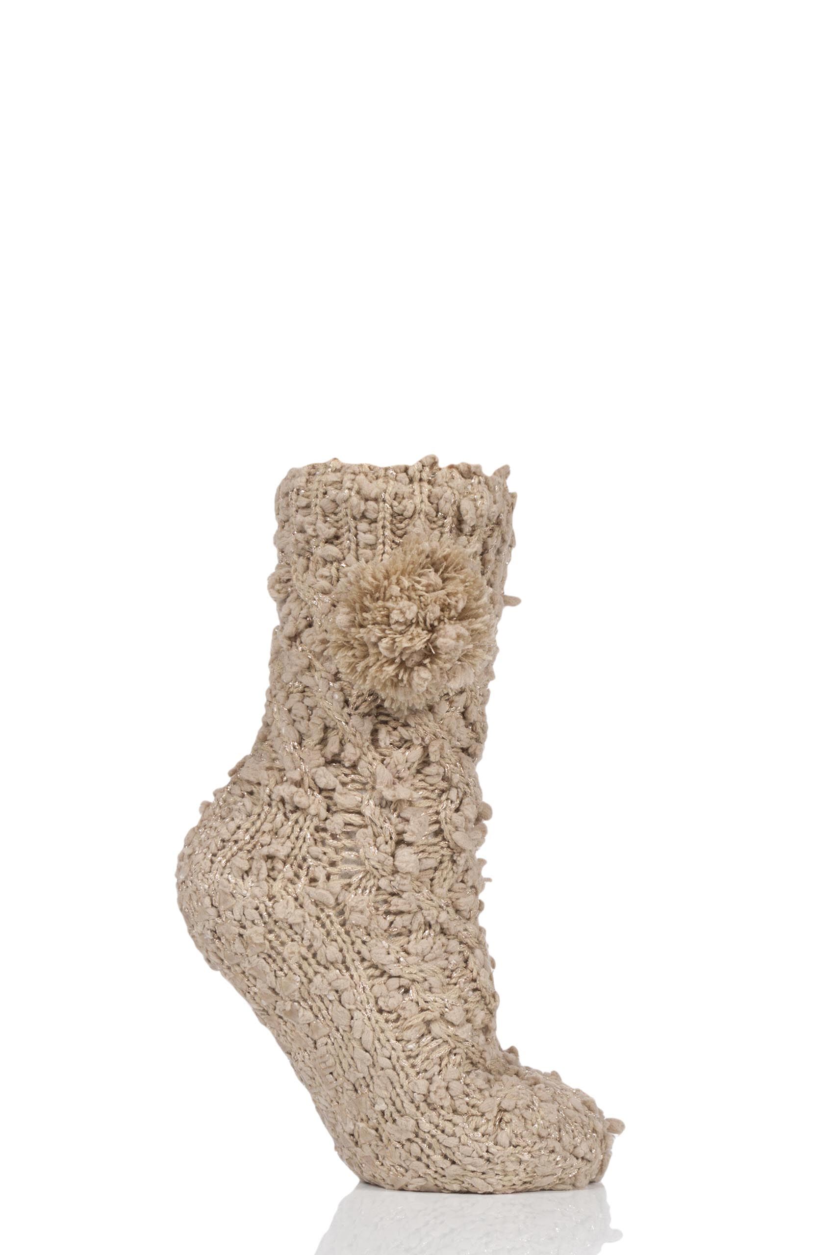 Image of 1 Pair Claret Sparkle Pom Pom Slipper Socks Ladies 4-8 Ladies - Elle