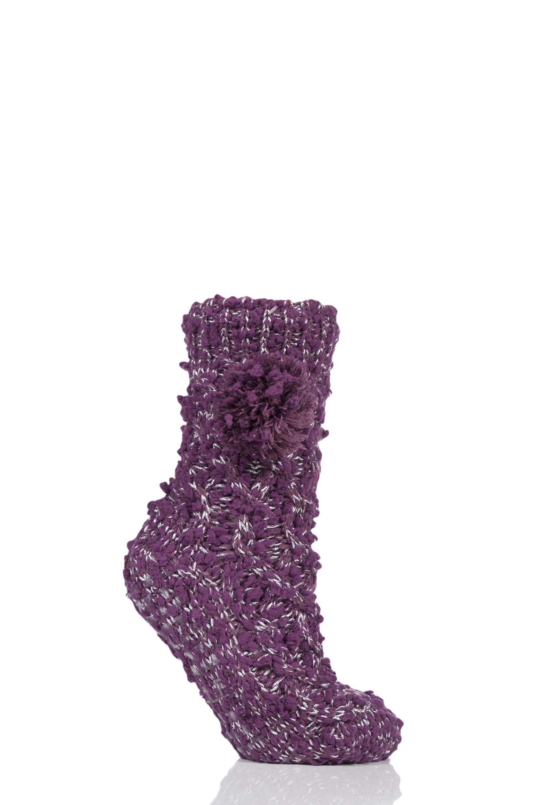 Image of 1 Pair Heather Sparkle Pom Pom Slipper Socks Ladies 4-8 Ladies - Elle