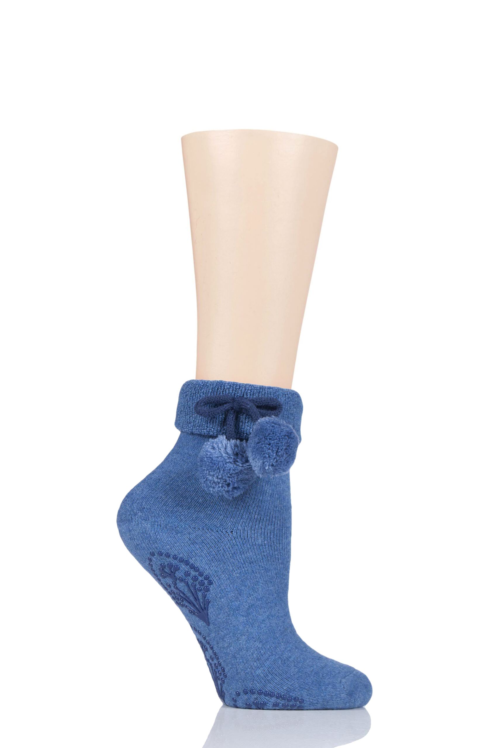 Image of 1 Pair Deco Blue Wool Mix Slipper Socks with Pompoms Ladies 4-8 Ladies - Elle