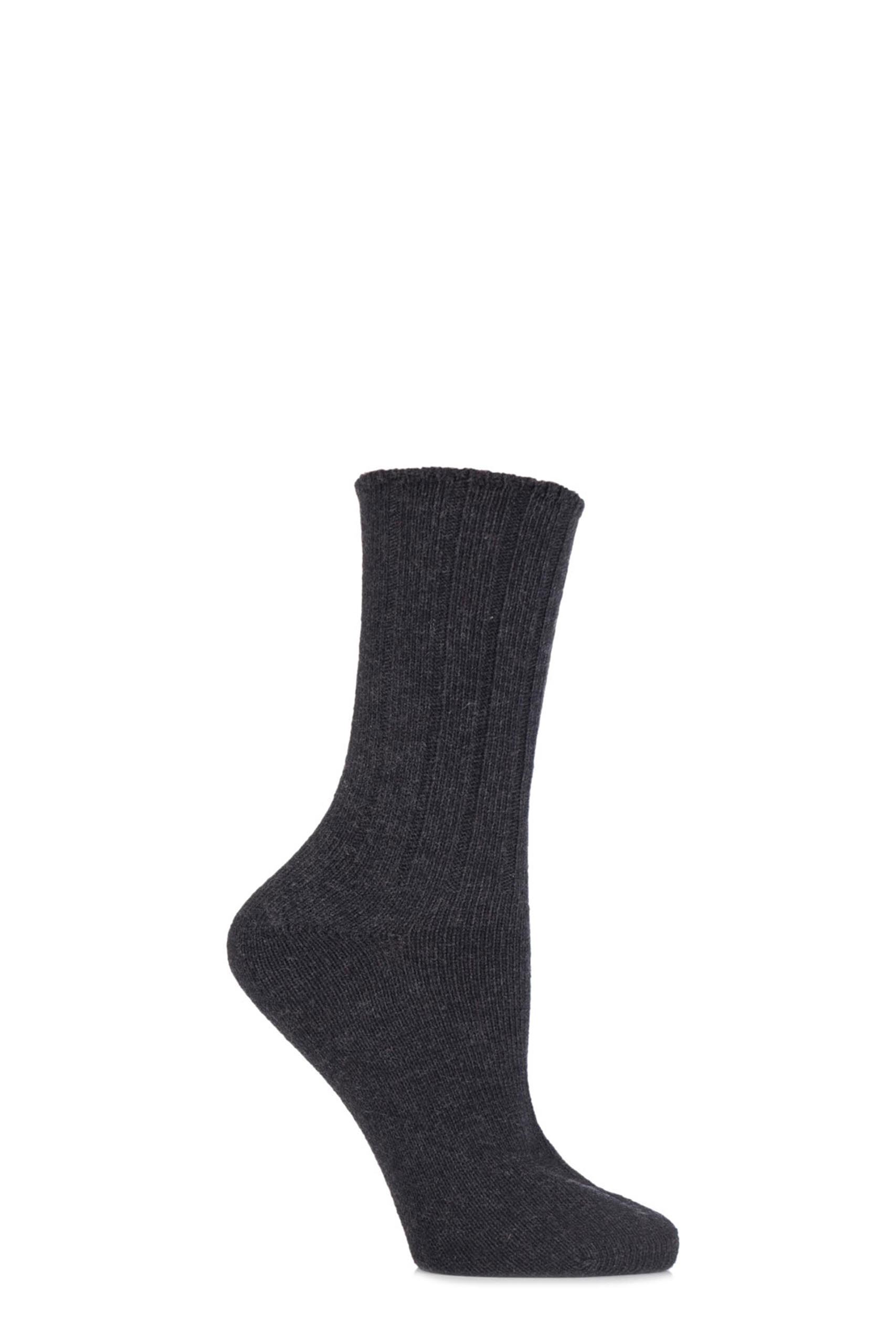 Image of 1 Pair Charcoal Wool and Viscose Ribbed Bed Socks Ladies 4-8 Ladies - Elle