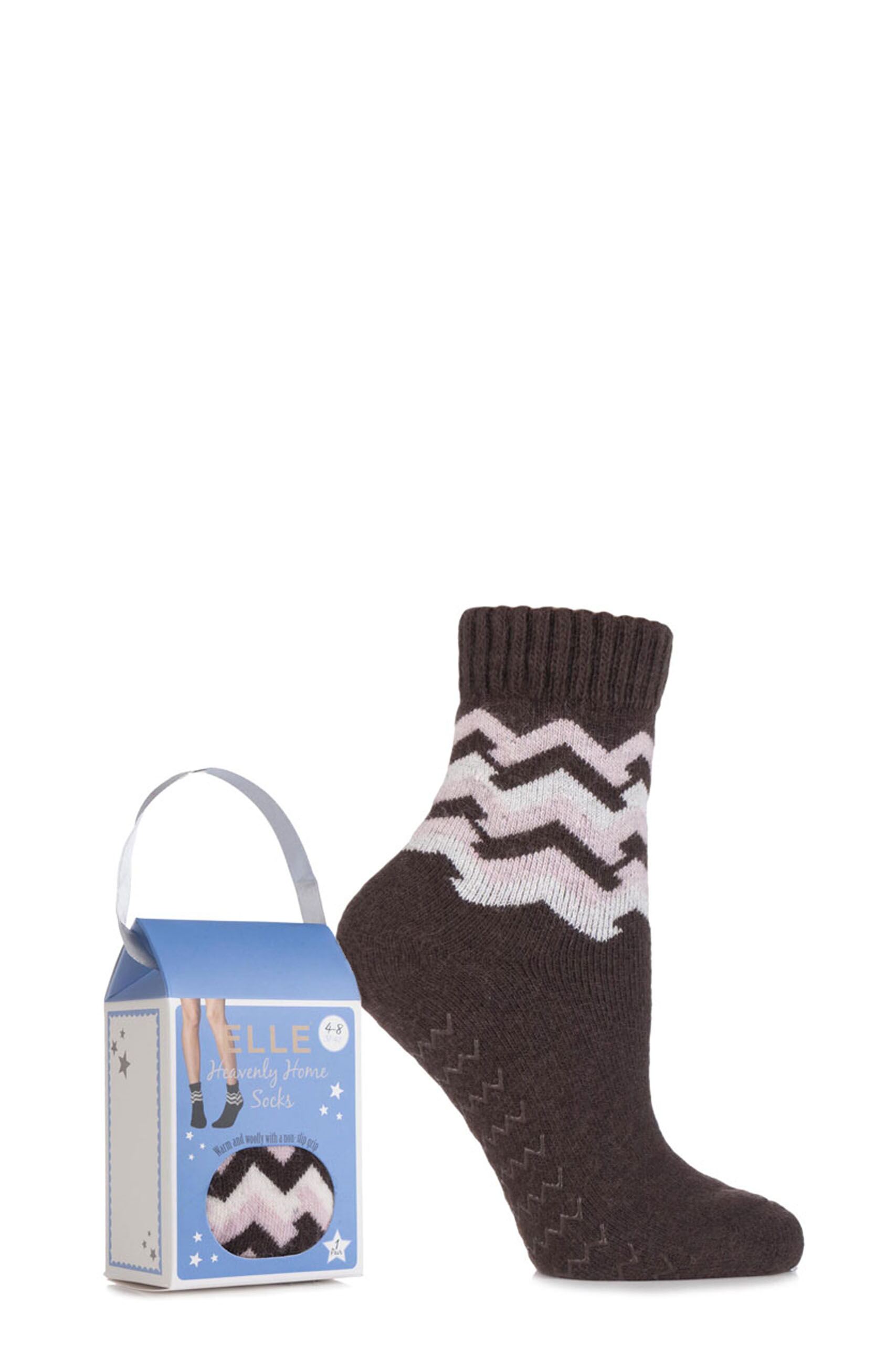 Image of 1 Pair Burnt Wood Gift Boxed Wool Blend Zig Zag Slipper Socks Ladies 4-8 Ladies - Elle