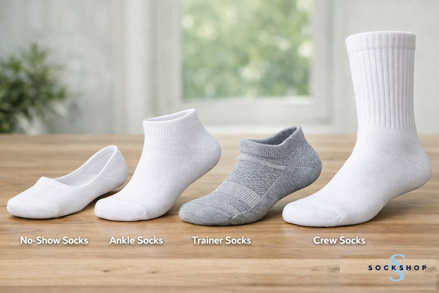 Types of socks for spring including no-show socks, ankle socks, trainer socks, and crew socks shown in a comparison layout.