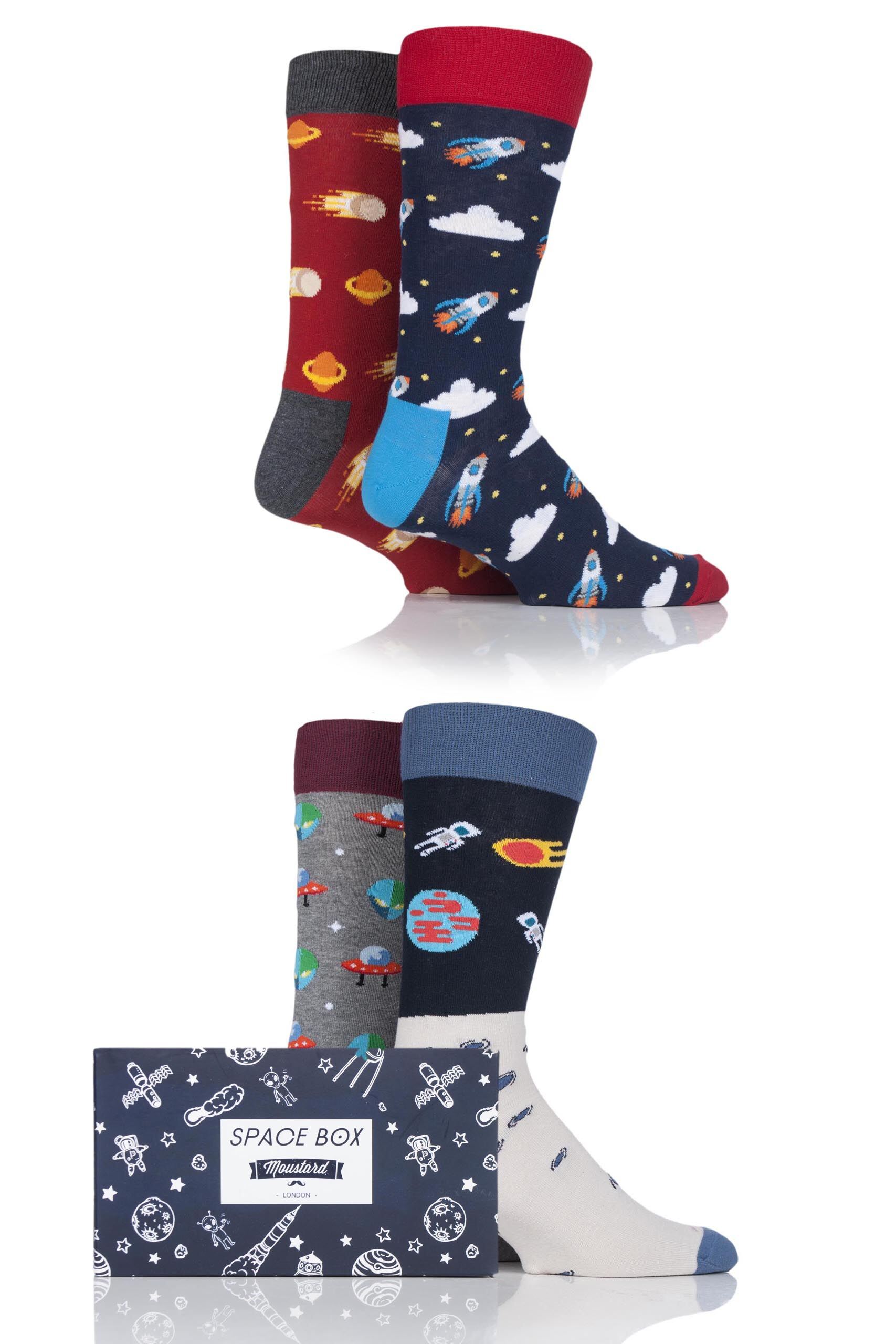 Image of 4 Pair Assorted Space Design Socks In Gift Box Men's 7.5-11.5 Mens - Moustard