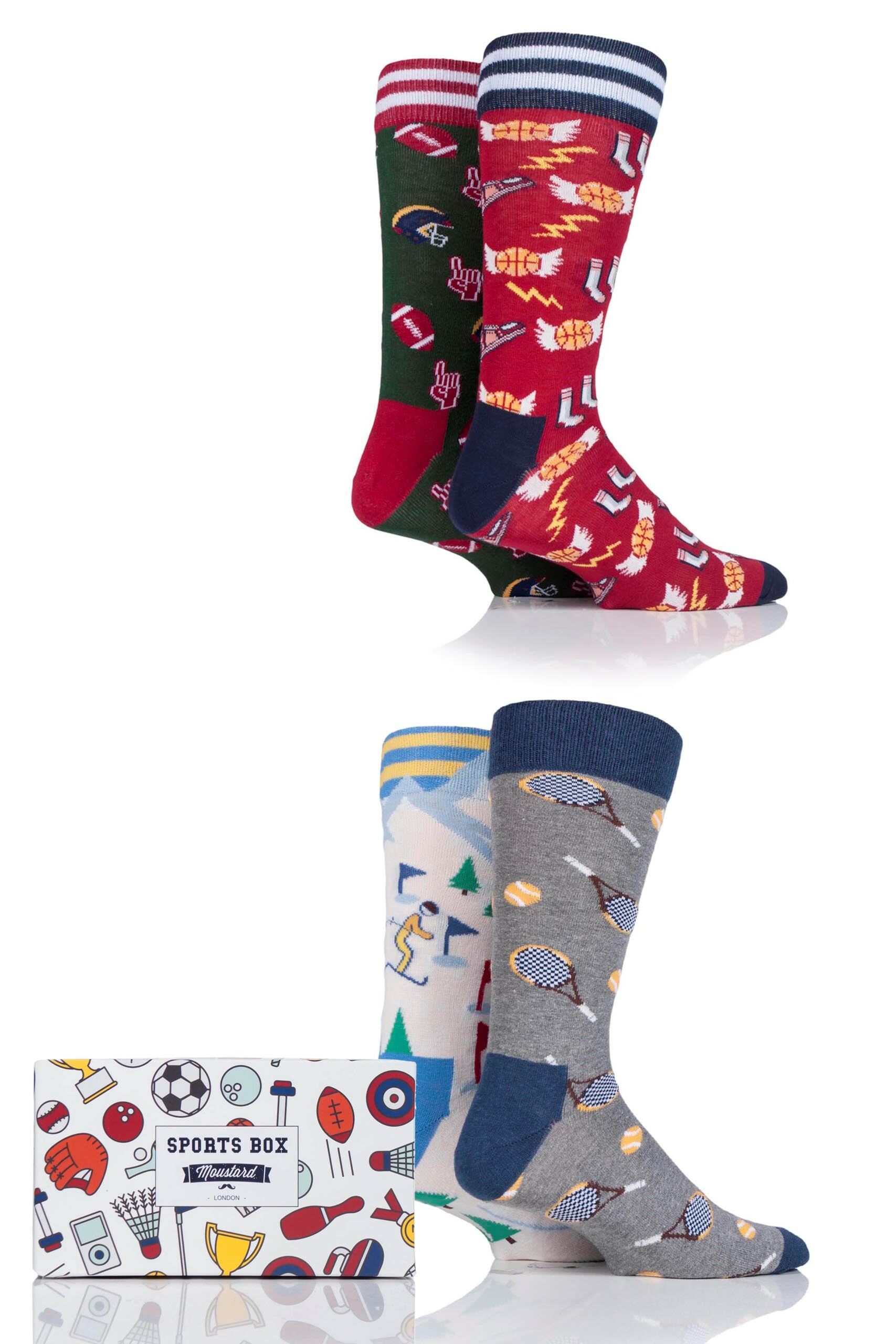 Image of 4 Pair Assorted Sports Collection Cotton Socks In Gift Box Men's 7.5-11.5 Mens - Moustard