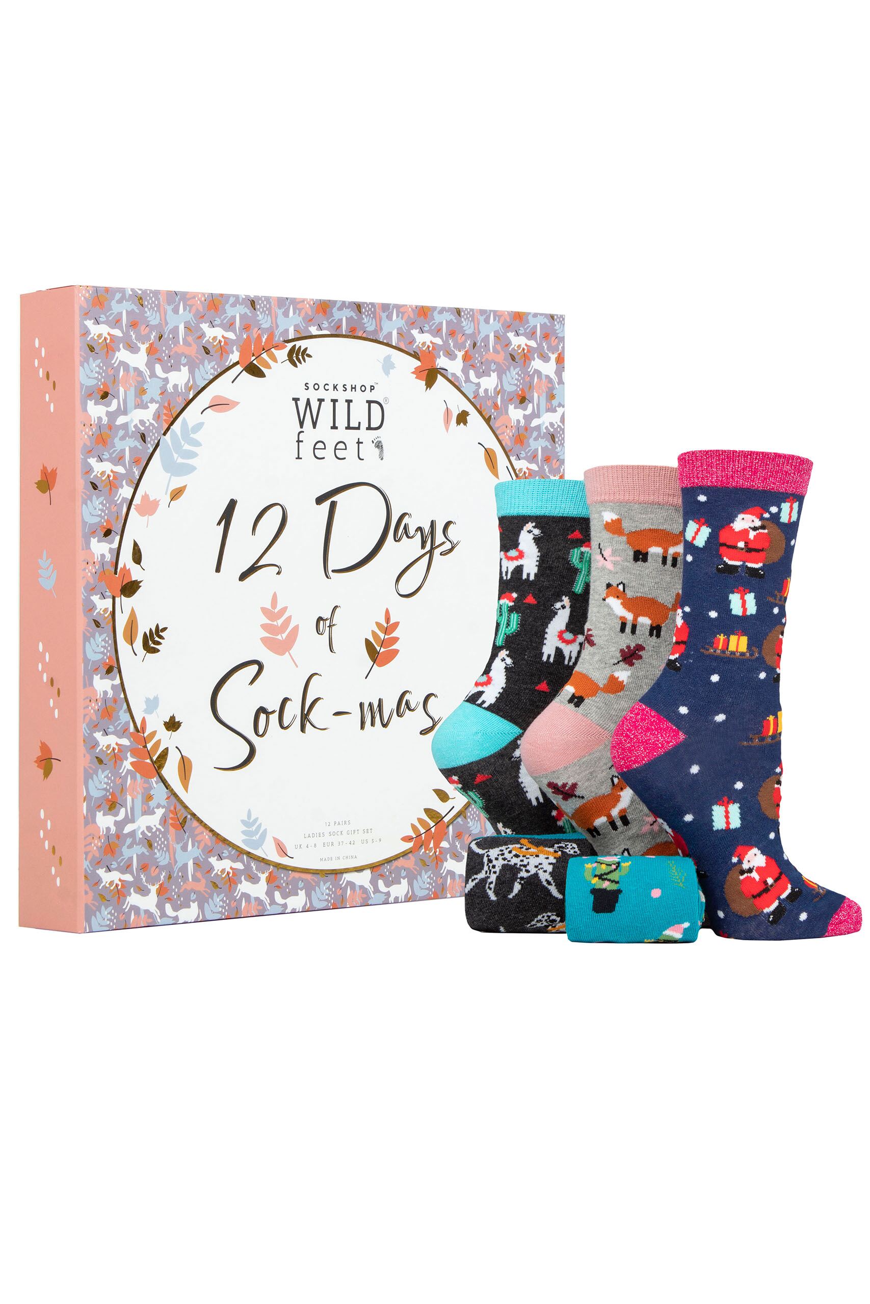Ladies 12 Pair SOCKSHOP Wild Feet 12 Days of Sock-mas Christmas Advent Calendar Assorted 4-8 Ladies
