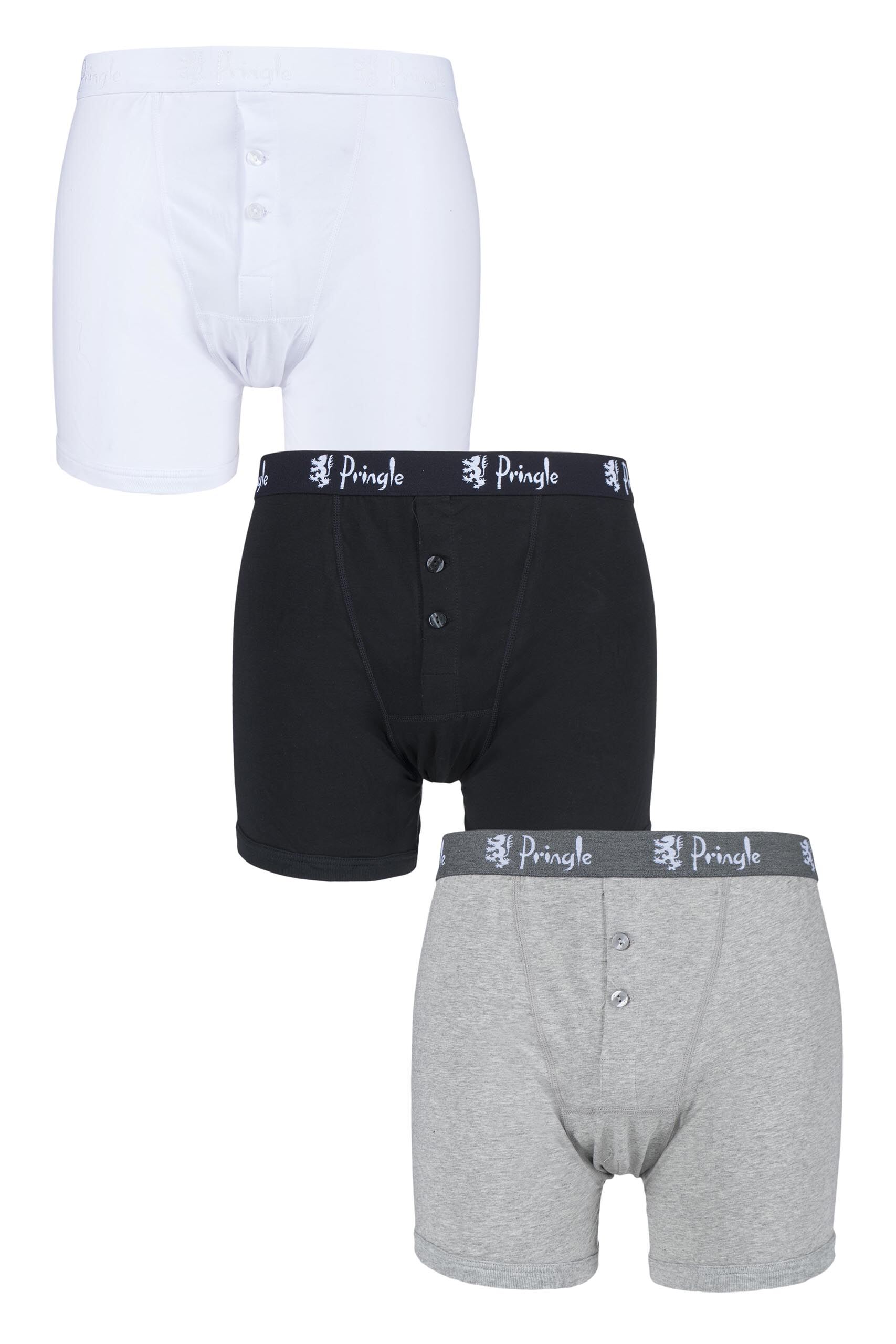 Image of 3 Pack Black / White / Grey Button Front Cotton Boxer Shorts Men's Extra Large - Pringle