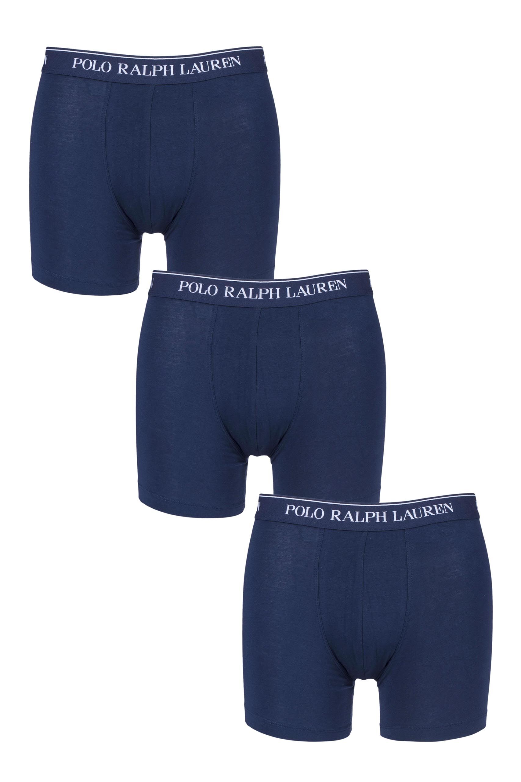 Image of 3 Pack Navy Plain Cotton Stretch Longer Leg Boxer Briefs Men's Large - Ralph Lauren
