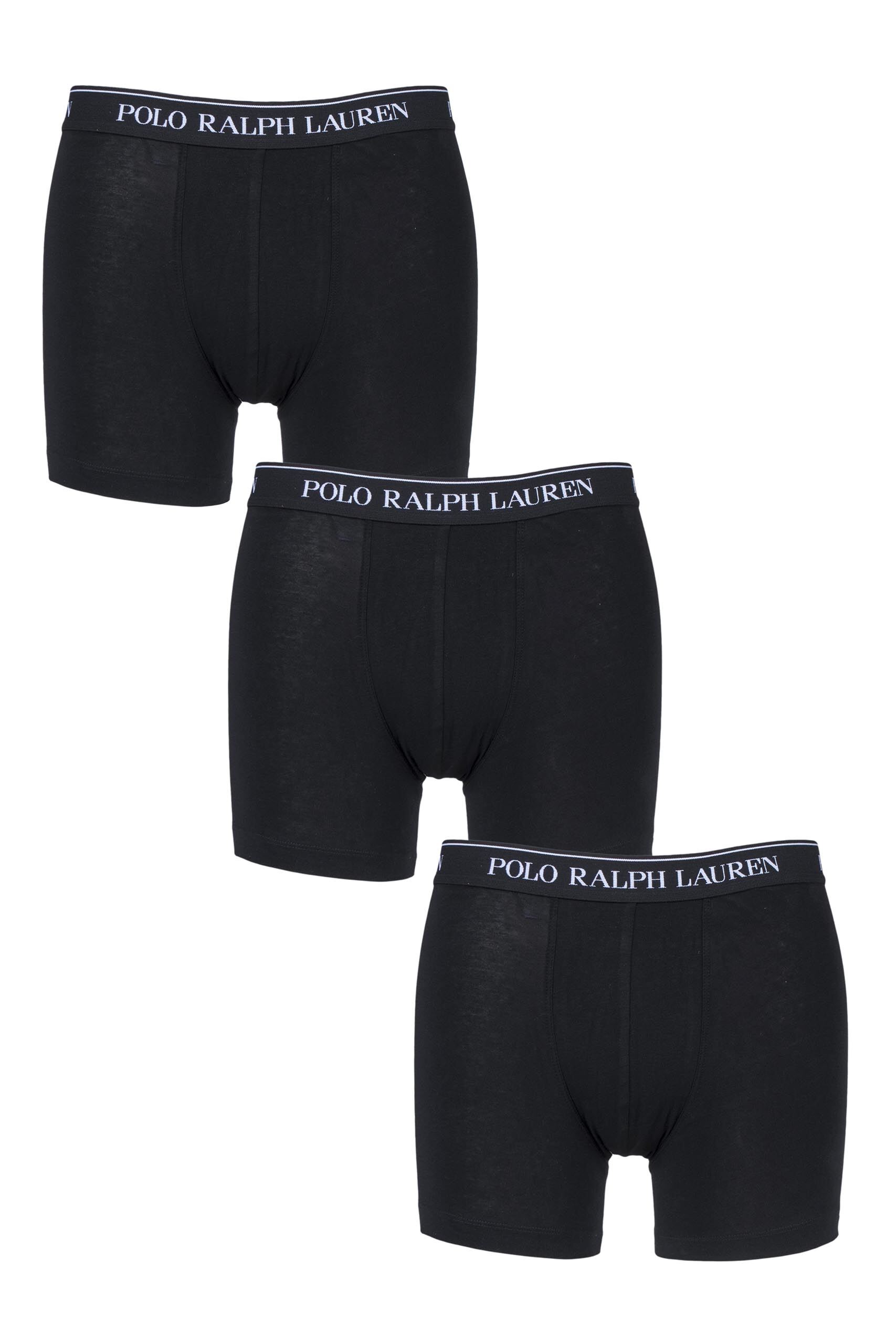 Image of 3 Pack Black Plain Cotton Stretch Longer Leg Boxer Briefs Men's Extra Large - Ralph Lauren