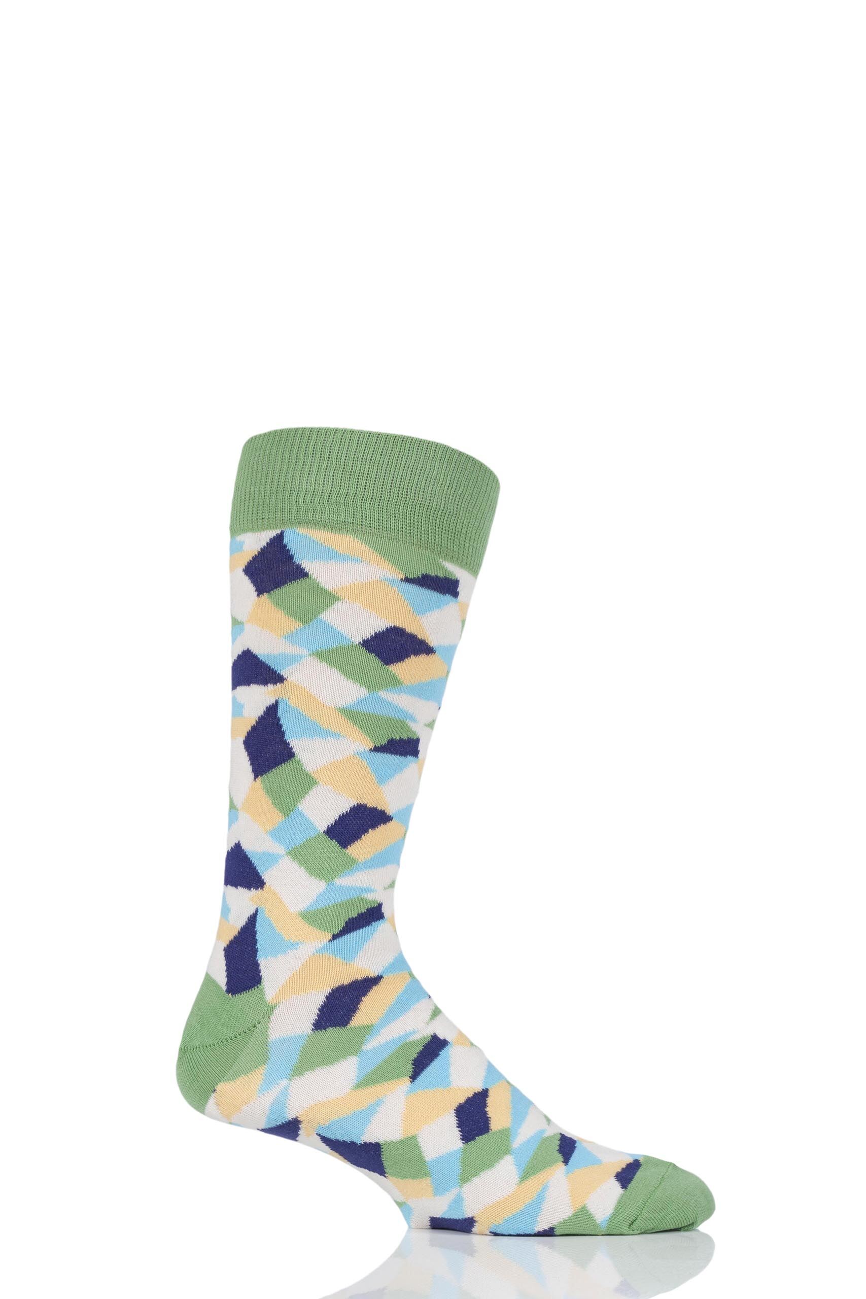 Image of 1 Pair Green Crazy Paving Patterned Cotton Socks Men's 6-11 Mens - Viyella