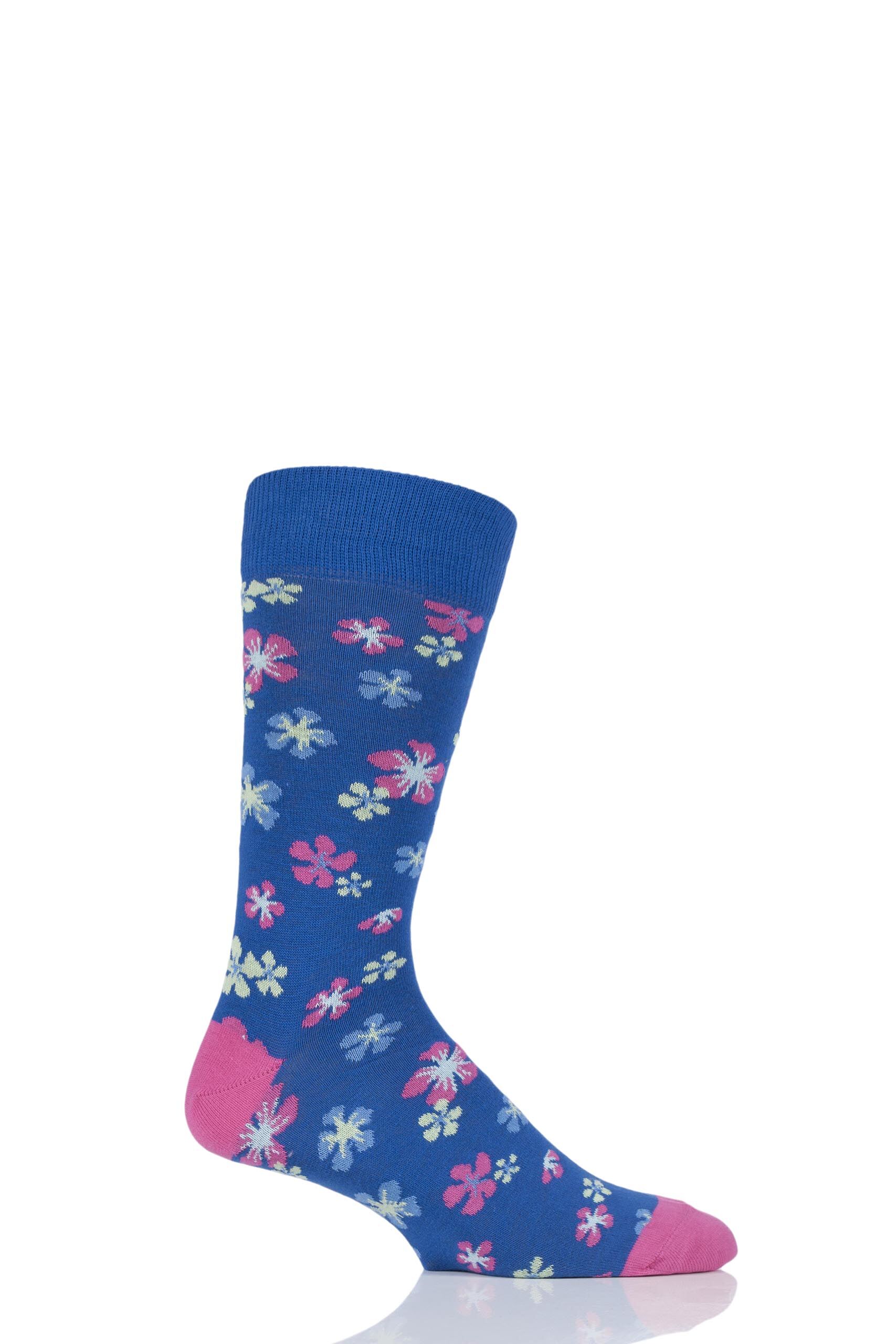 Image of 1 Pair Blue Flower Patterned Cotton Socks Men's 6-11 Mens - Viyella