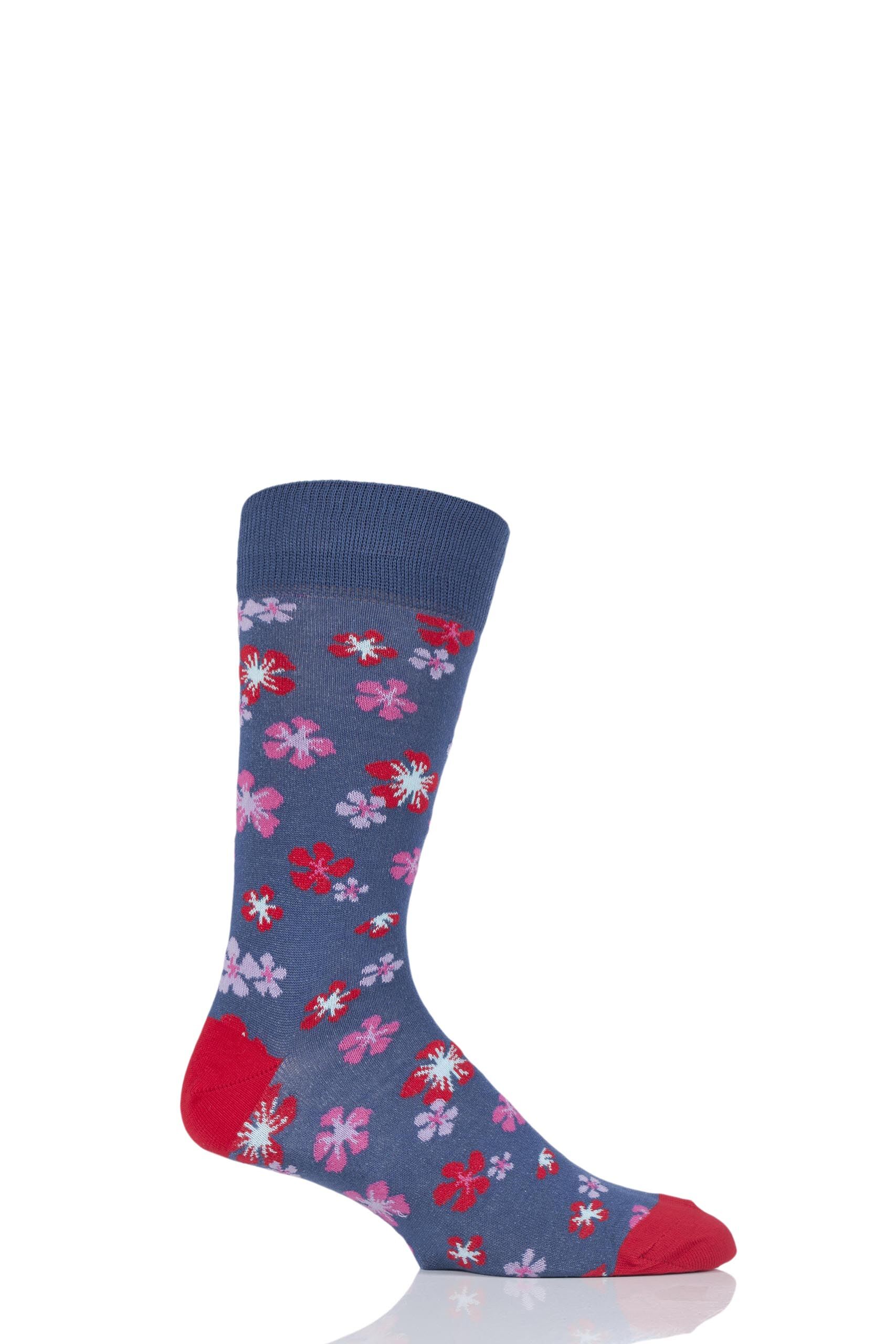 Image of 1 Pair Denim Flower Patterned Cotton Socks Men's 6-11 Mens - Viyella