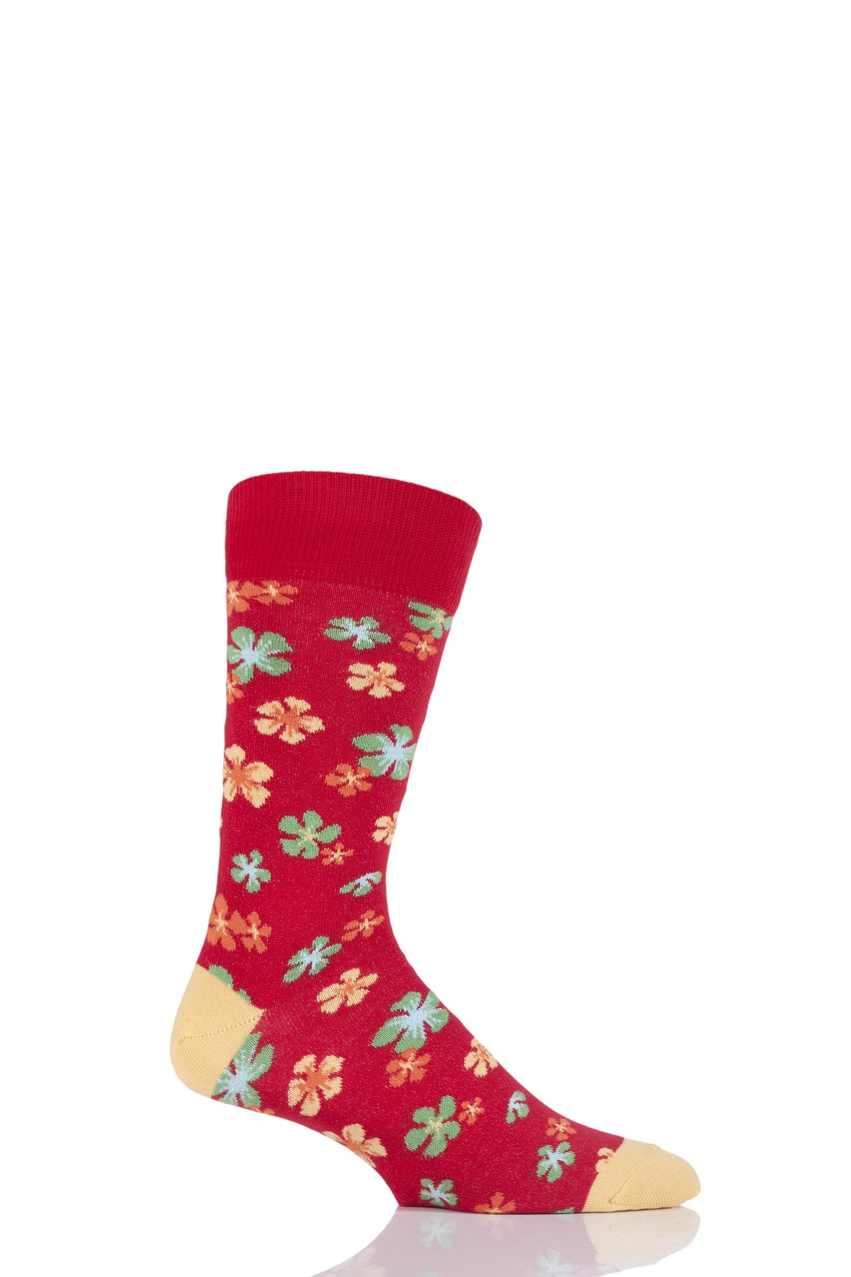 Image of 1 Pair Red Flower Patterned Cotton Socks Men's 6-11 Mens - Viyella