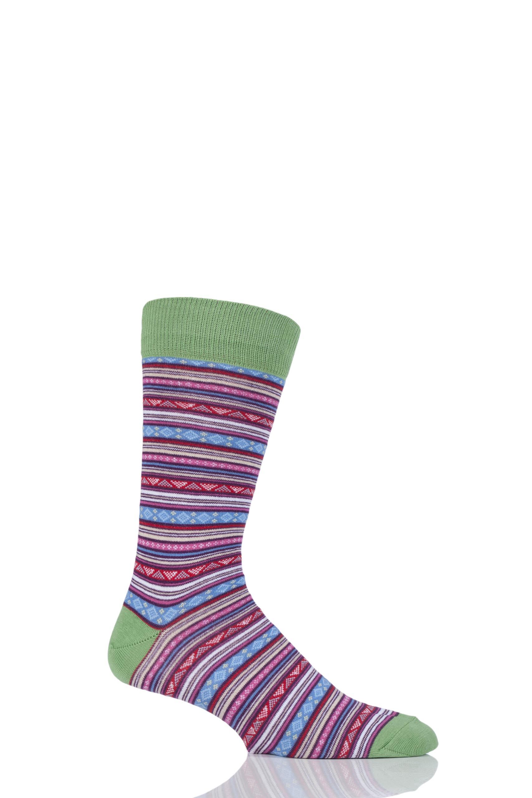 Image of 1 Pair Green Fairisle Patterned Cotton Socks Men's 6-11 Mens - Viyella