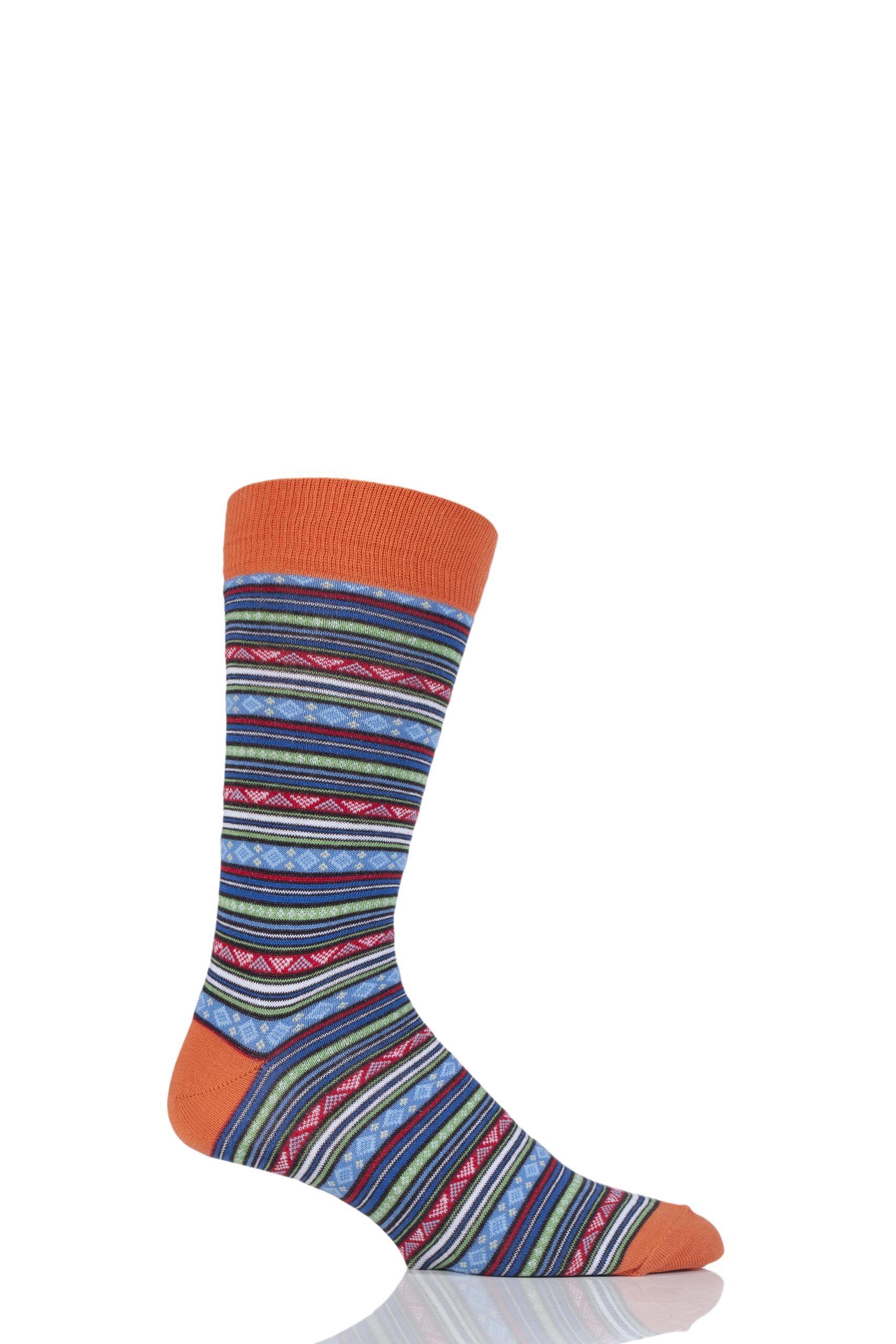 Image of 1 Pair Orange Fairisle Patterned Cotton Socks Men's 6-11 Mens - Viyella