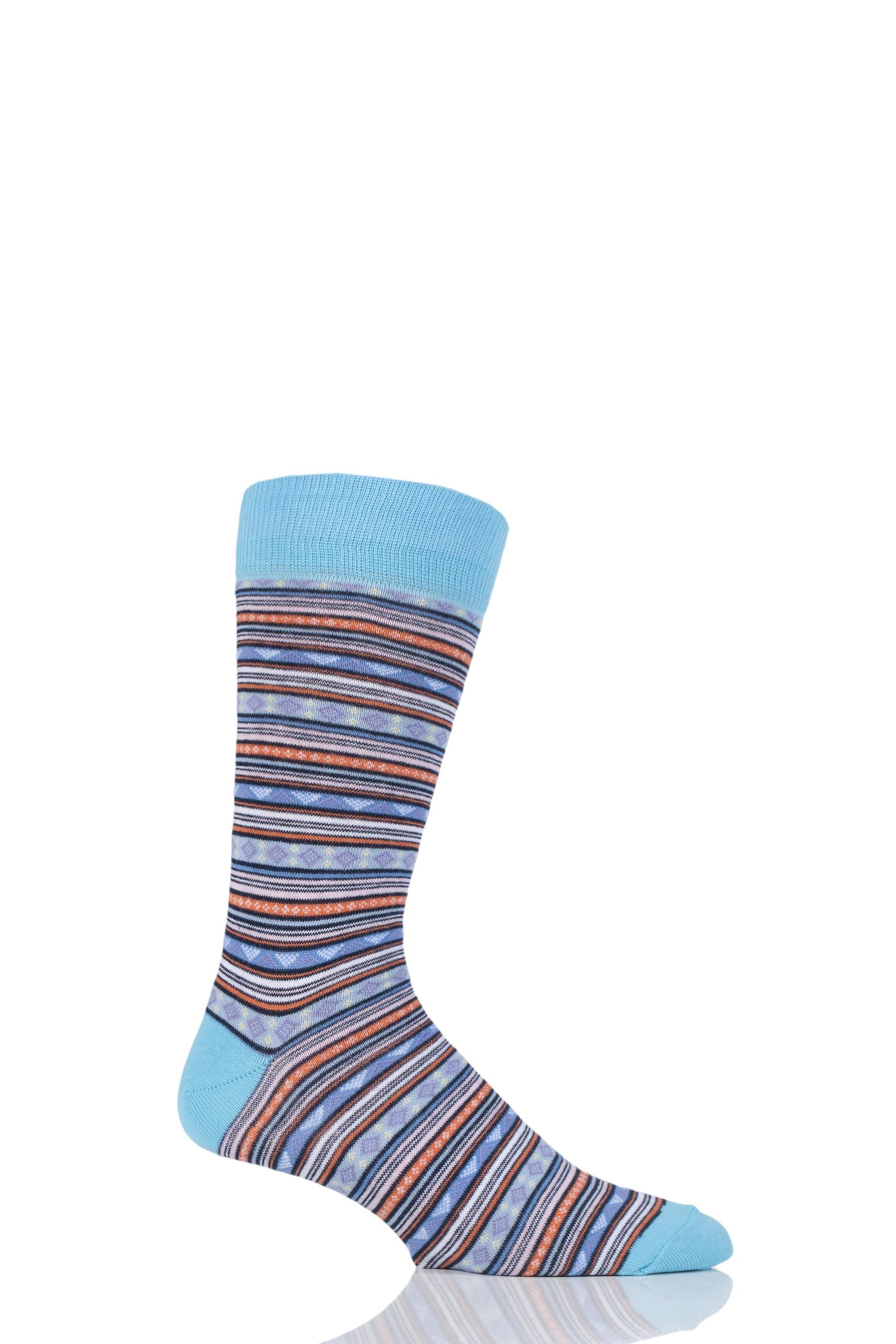Image of 1 Pair Turquoise Fairisle Patterned Cotton Socks Men's 6-11 Mens - Viyella