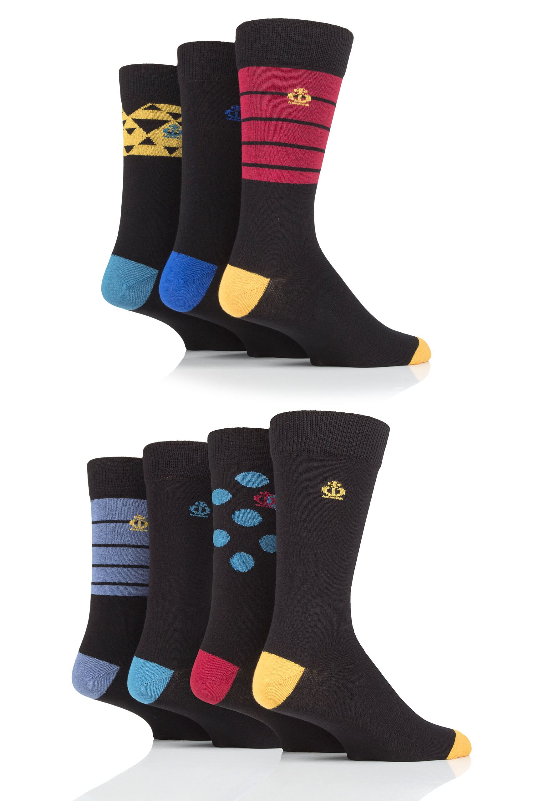 Image of Mens 7 Pair Jeff Banks Triangles, Stripes and Dots Cotton Socks Black 7-11 Mens