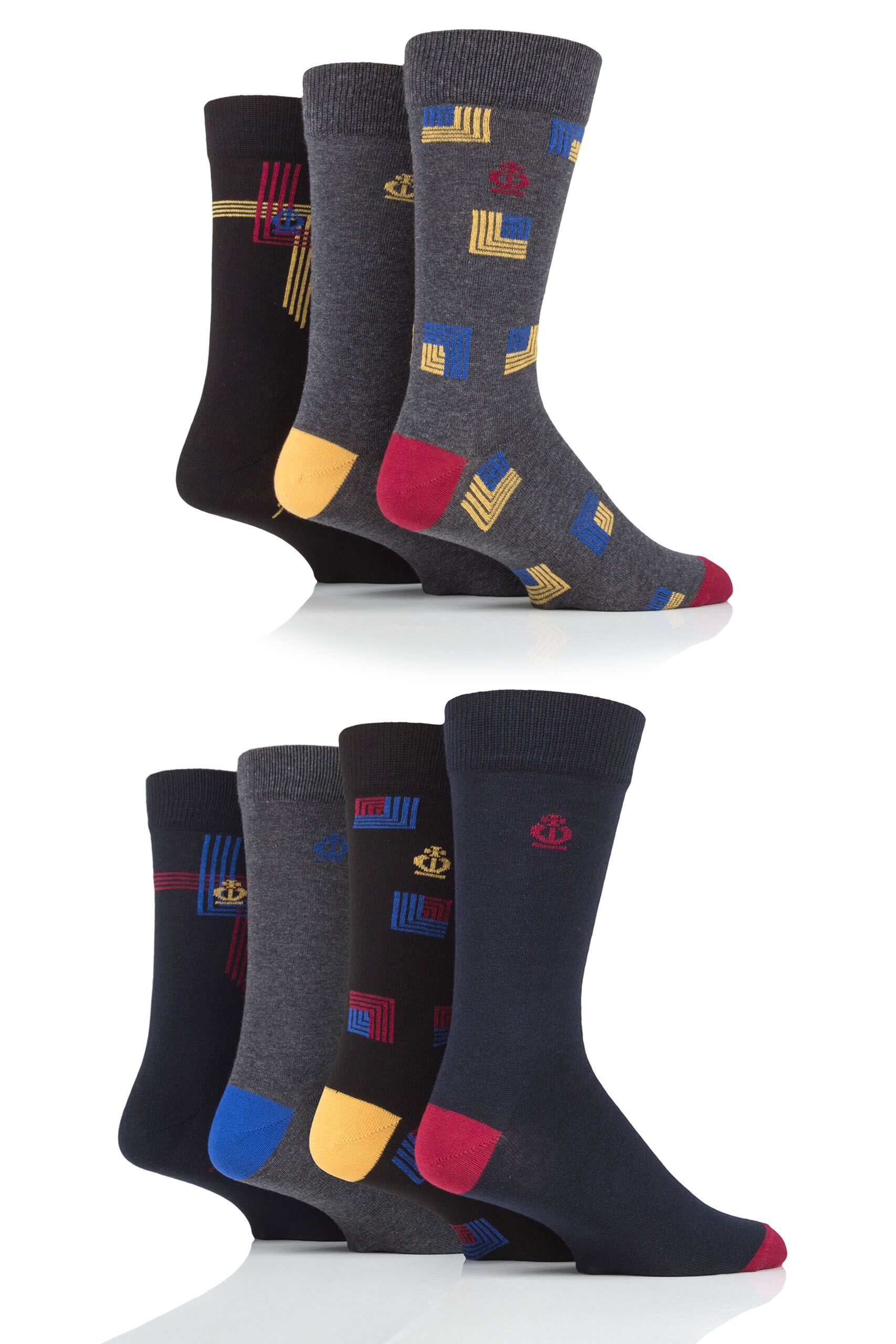 Image of Mens 7 Pair Jeff Banks Squares and Lines Cotton Socks Assorted 7-11 Mens