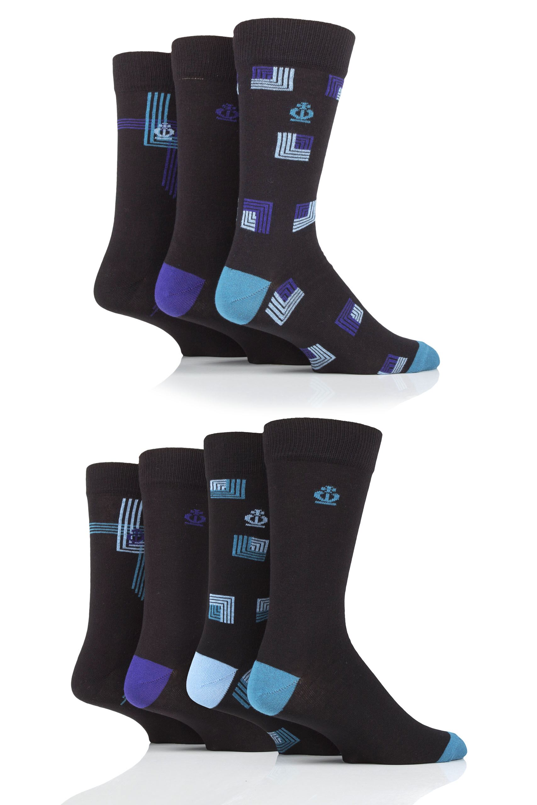 Image of Mens 7 Pair Jeff Banks Squares and Lines Cotton Socks Black 7-11 Mens