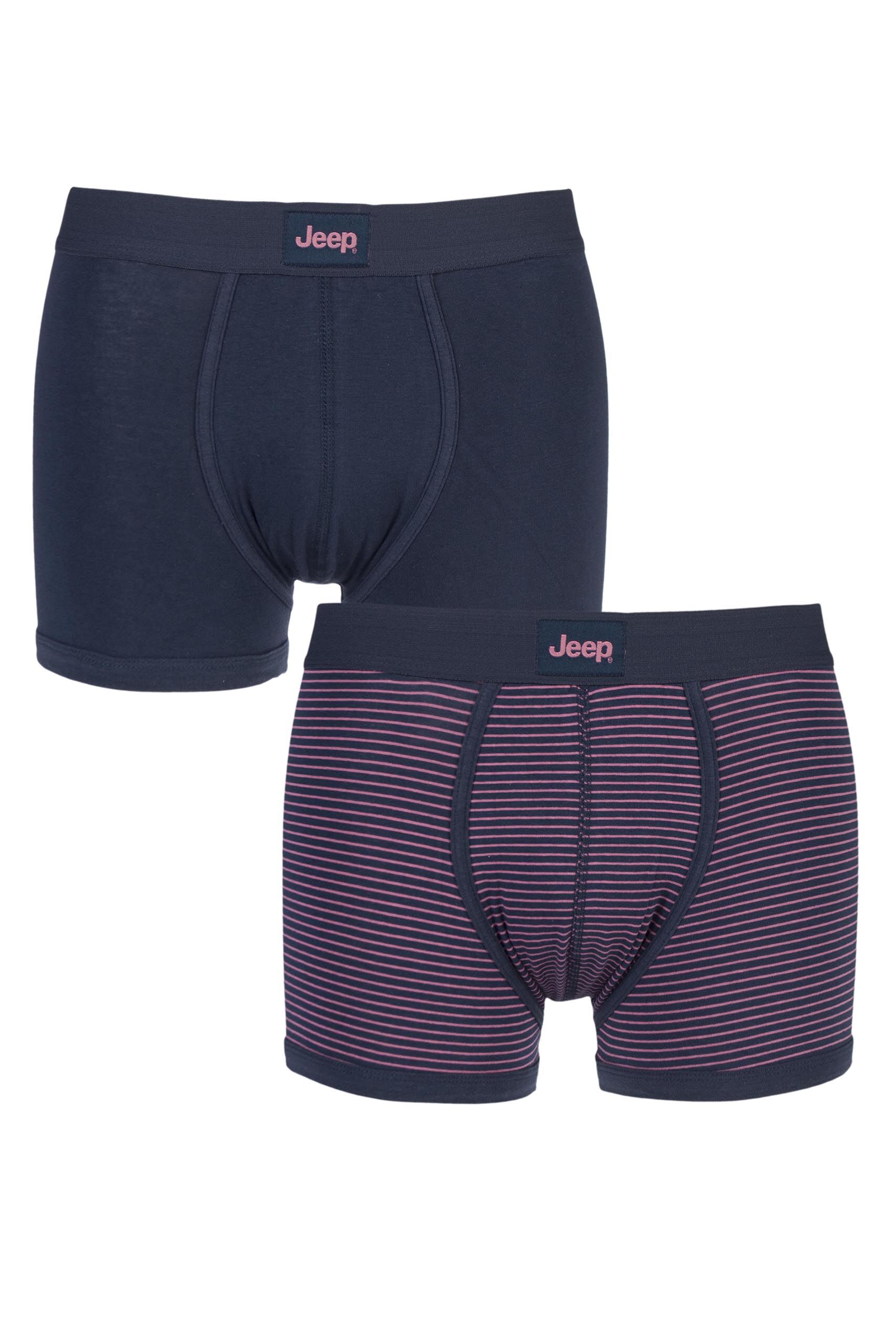 Image of 2 Pack Navy / Cherry Fine Stripe and Plain Hipster Trunks Men's Small - Jeep